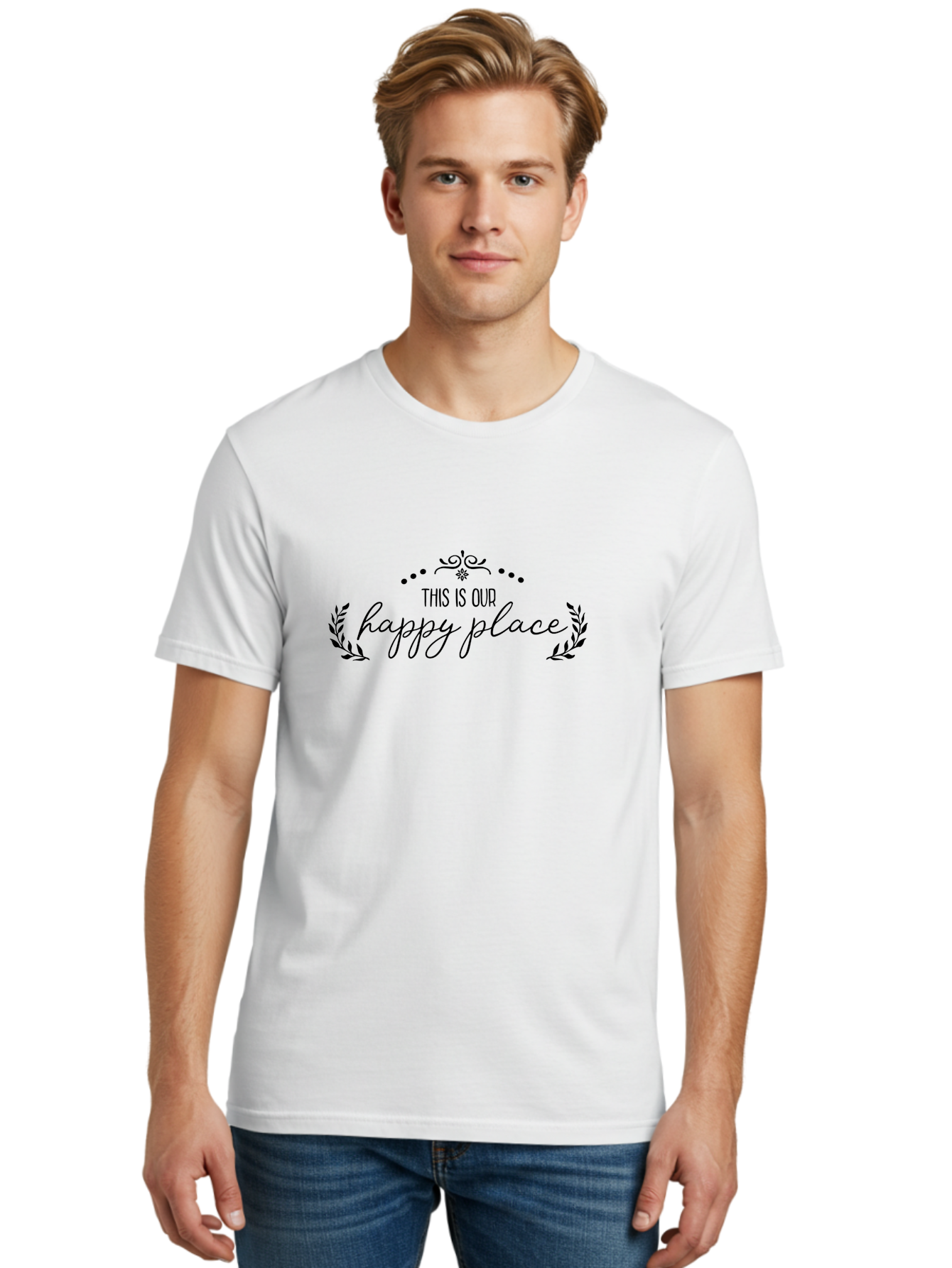 This-Is-Our-Happy-Place Men'S Graphic Tee, 100% Cotton, Comfortable Casual Summer Wear, Machine Washable, Happy Place, Positive Vibes, Inspiring Quote, Motivational Words, Floral Wreath, Decorative Design, Harmony, Happiness, Aad248