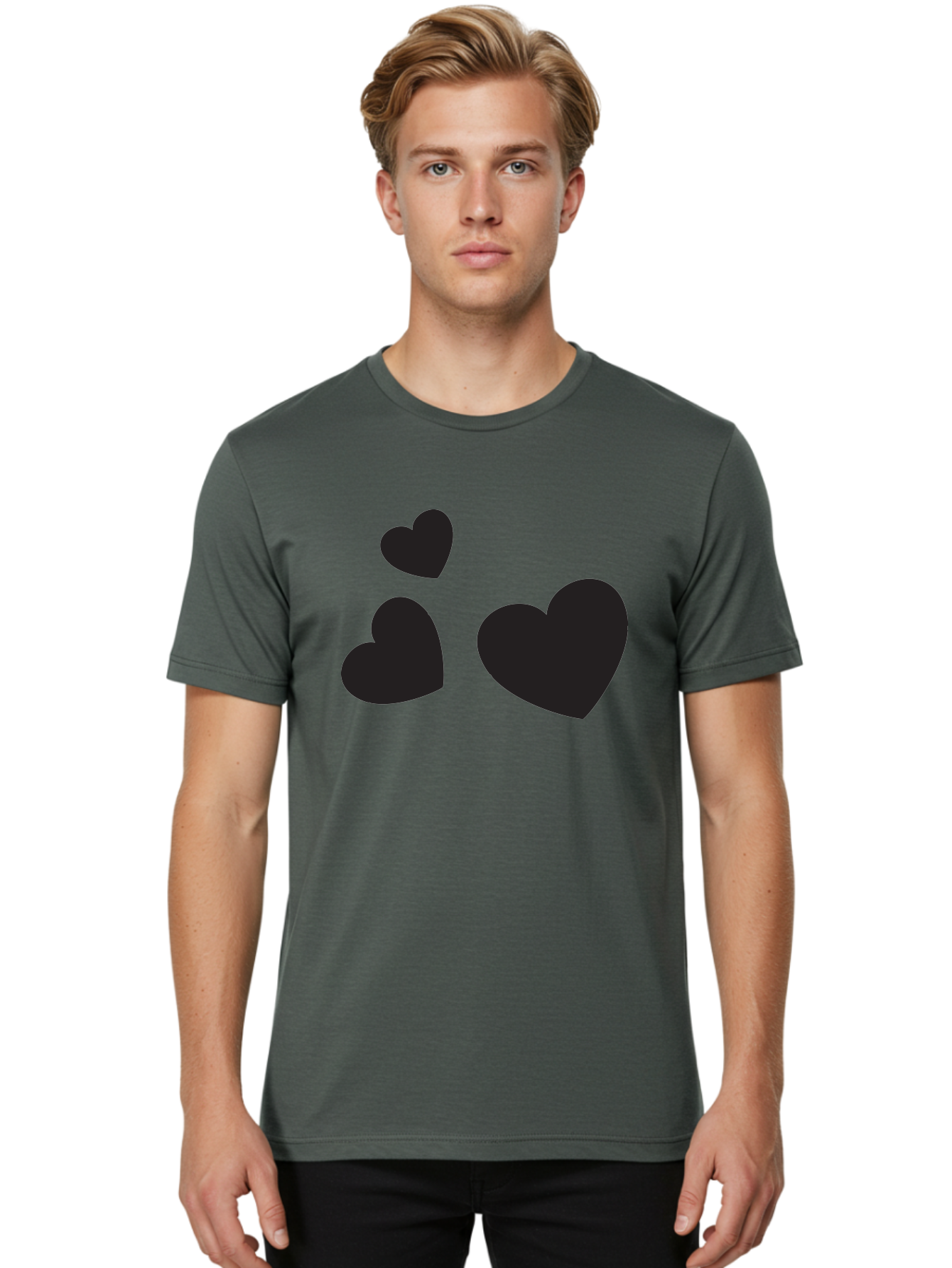 Three-Black-Hearts Men'S Graphic Tee, 100% Cotton, Comfortable Casual Summer Wear, Machine Washable, Love Symbols, Heart Icons, Minimalist Design, Simple Shapes, Black Silhouettes, Romance, Love Hearts, Heart Shapes Aad251