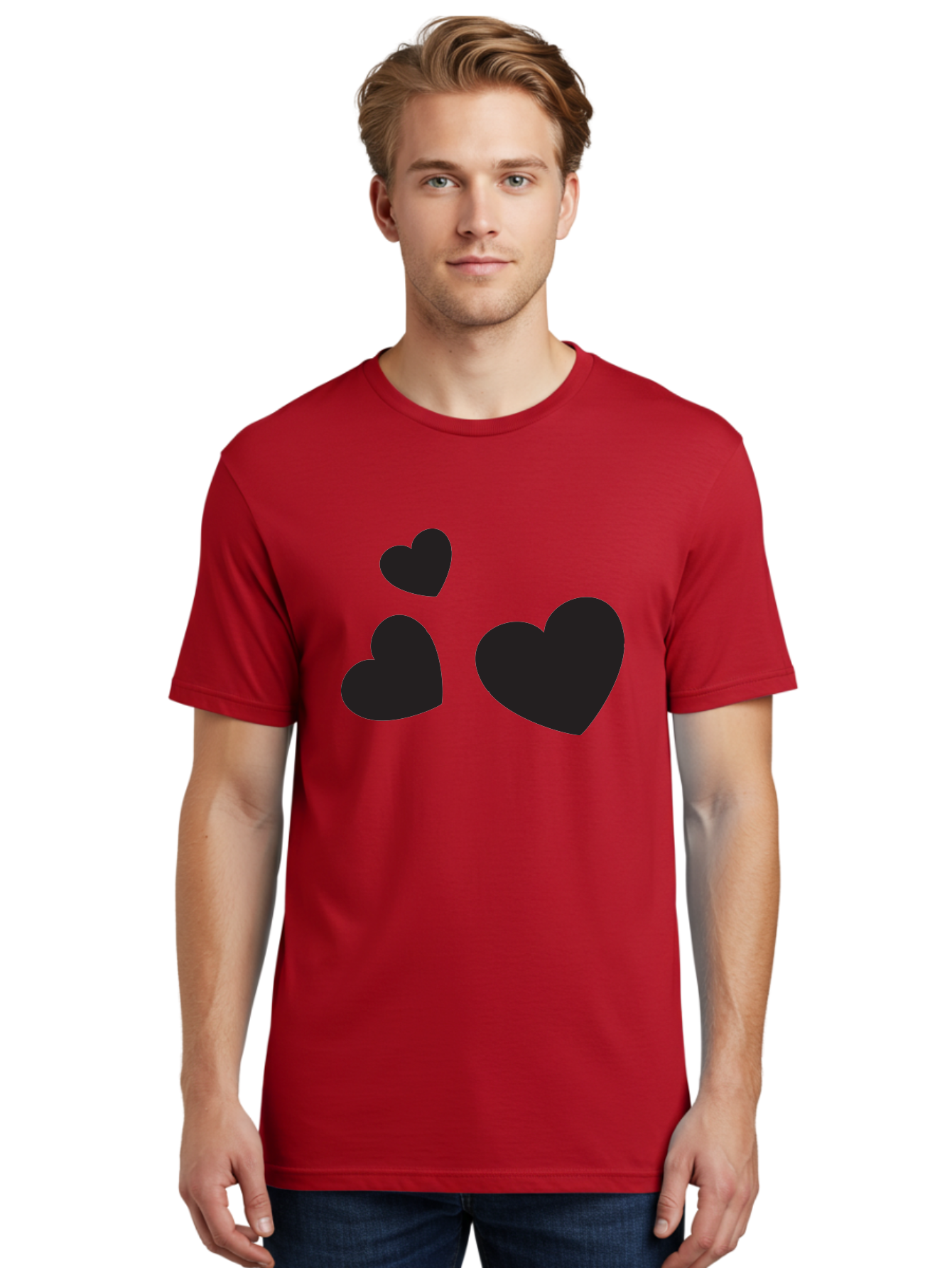 Three-Black-Hearts Men'S Graphic Tee, 100% Cotton, Comfortable Casual Summer Wear, Machine Washable, Love Symbols, Heart Icons, Minimalist Design, Simple Shapes, Black Silhouettes, Romance, Love Hearts, Heart Shapes Aad251