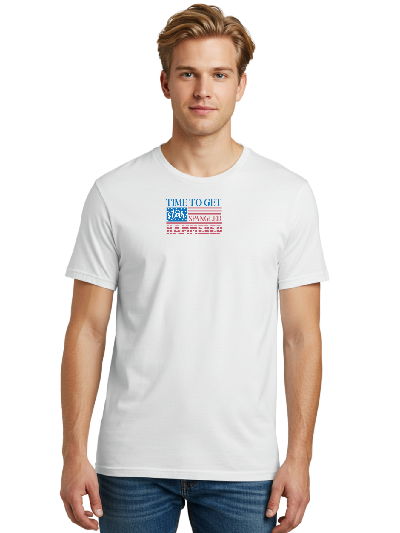 Time-To-Get-Star-Spangled Men'S Graphic Tee, 100% Cotton, Comfortable Casual Summer Wear, Machine Washable, American Flag, Patriotic Phrase, Star Spangled Banner, Usa Inspiration, Motivational Quote, Red White And Blue, Fourth Of July, Aad255