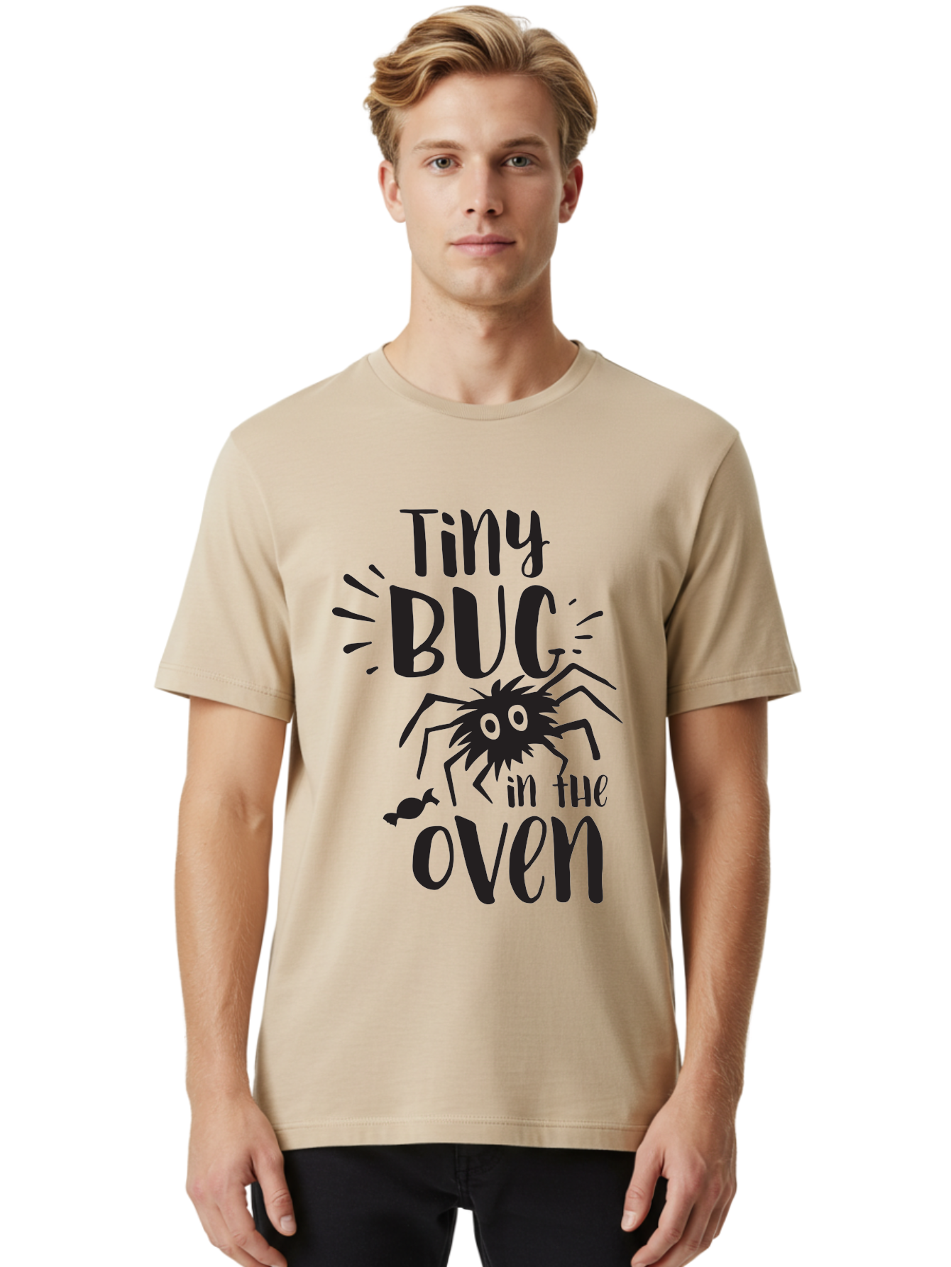 Tiny-Bug-In-The-Oven Men'S Graphic Tee, 100% Cotton, Comfortable Casual Summer Wear, Machine Washable, Funny Black Spider, Tiny Bug In The Oven Phrase, Quirky Kitchen Humor, Baked Goods, Playful, Cute, Cartoon-Style, Baking, Oven, Cooking Aad257
