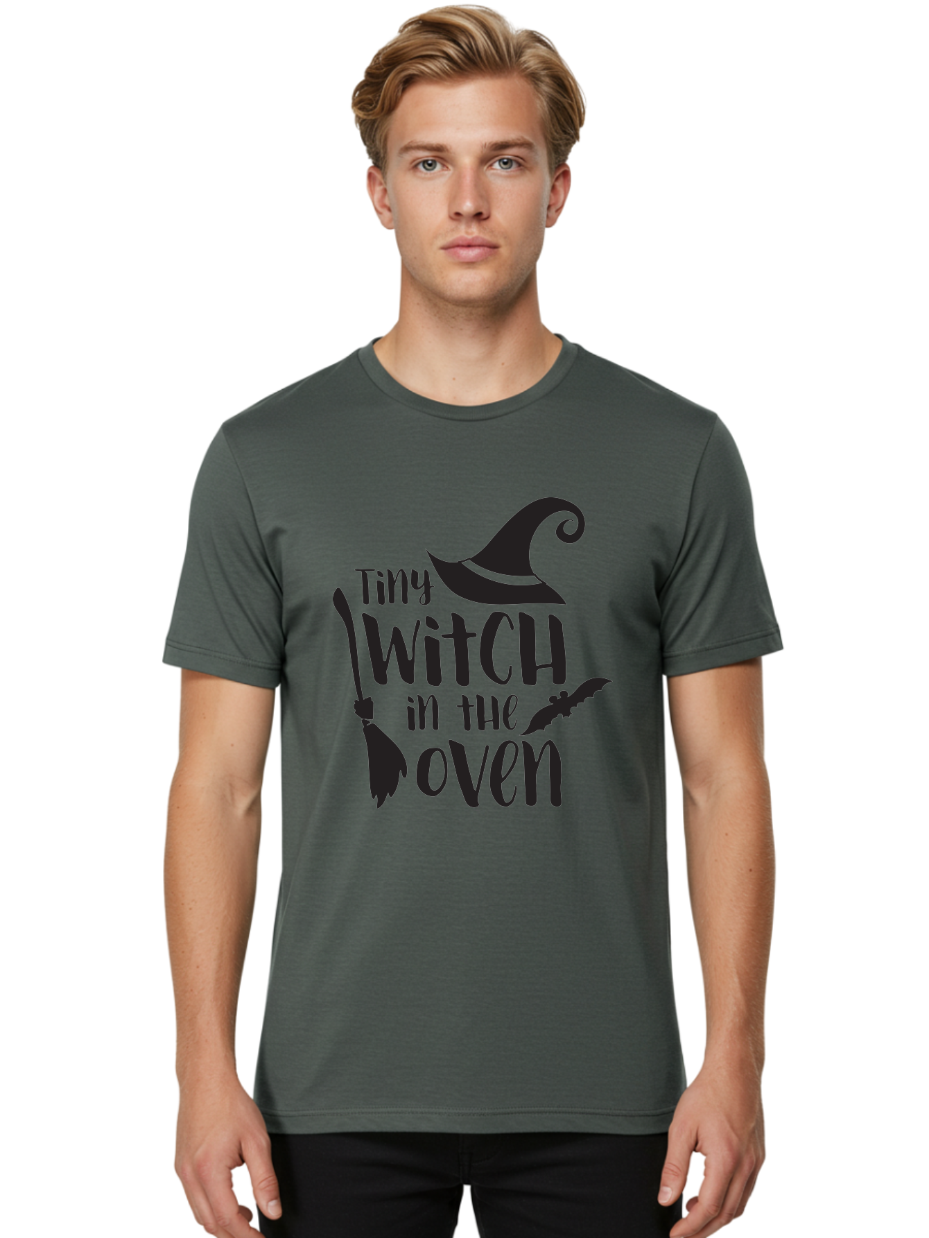 Tiny-Witch-In-The-Oven Men'S Graphic Tee, 100% Cotton, Comfortable Casual Summer Wear, Machine Washable, Halloween Quote, Funny Pregnancy Announcement, Tiny Witch, Broomstick, Witch Hat, Bats, Pregnancy Reveal, Halloween Pregnancy, Aad258