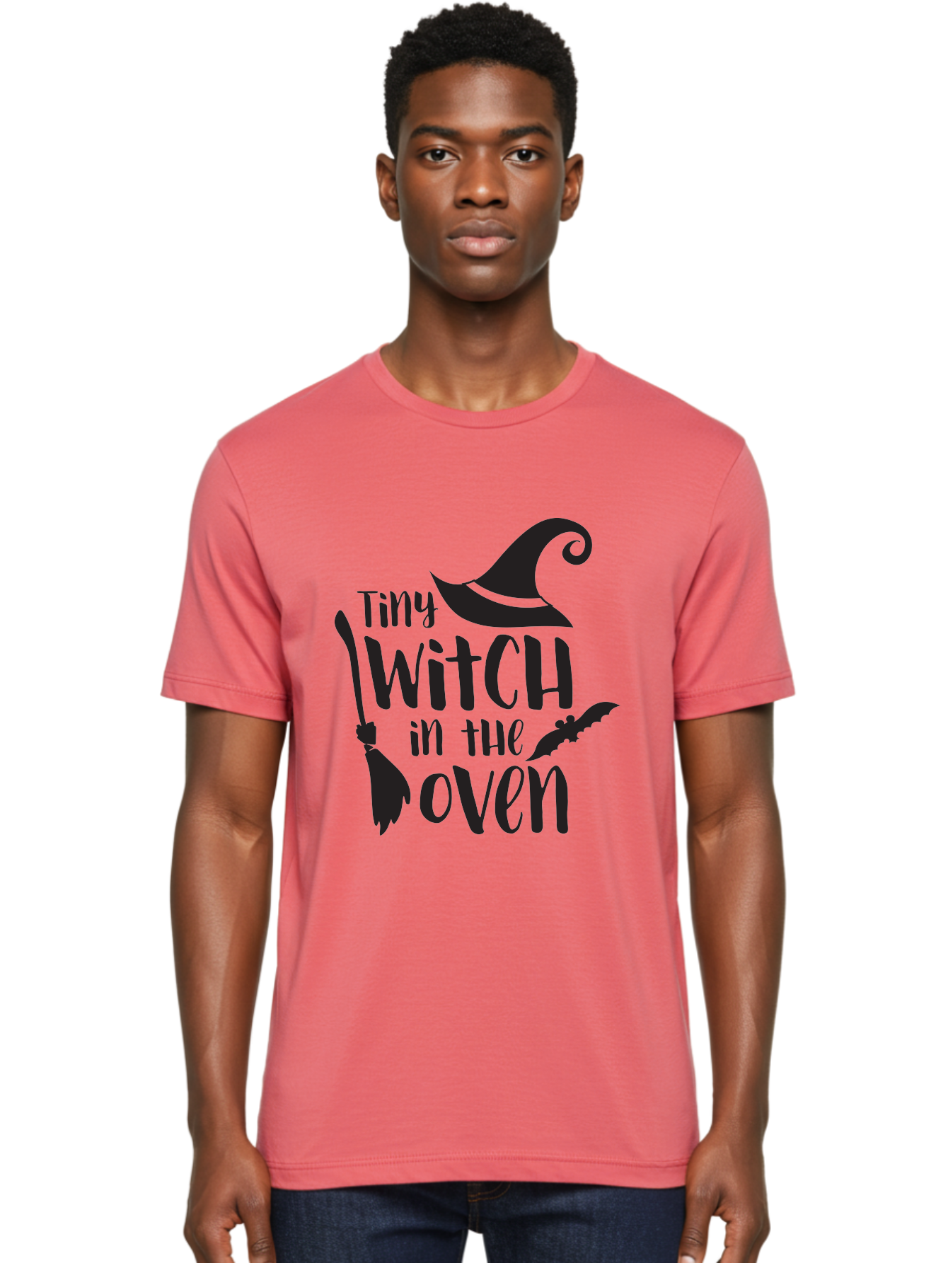 Tiny-Witch-In-The-Oven Men'S Graphic Tee, 100% Cotton, Comfortable Casual Summer Wear, Machine Washable, Halloween Quote, Funny Pregnancy Announcement, Tiny Witch, Broomstick, Witch Hat, Bats, Pregnancy Reveal, Halloween Pregnancy, Aad258