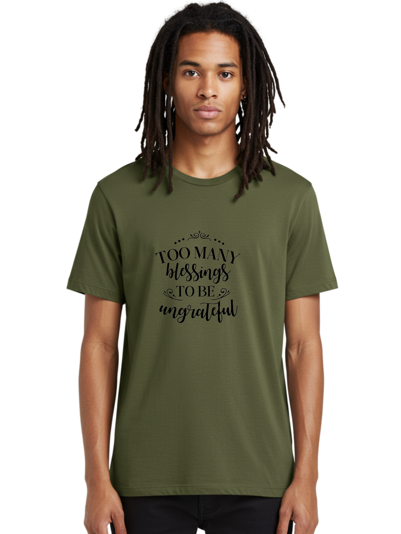 Too-Many-Blessings Men'S Graphic Tee, 100% Cotton, Comfortable Casual Summer Wear, Machine Washable, Inspirational Quote, Gratitude, Positivity, Blessings, Motivational Phrase, Too Many Blessings To Be Ungrateful, Black Text On Green Aad266