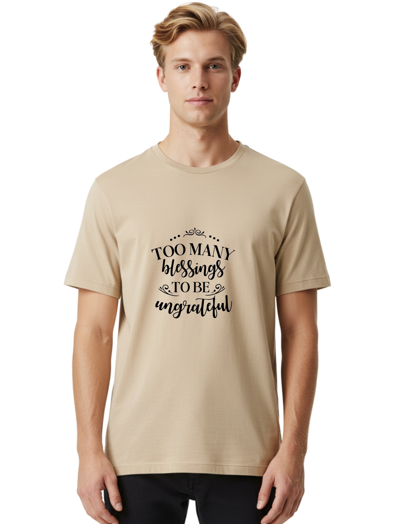 Too-Many-Blessings Men'S Graphic Tee, 100% Cotton, Comfortable Casual Summer Wear, Machine Washable, Inspirational Quote, Gratitude, Positivity, Blessings, Motivational Phrase, Too Many Blessings To Be Ungrateful, Black Text On Green Aad266