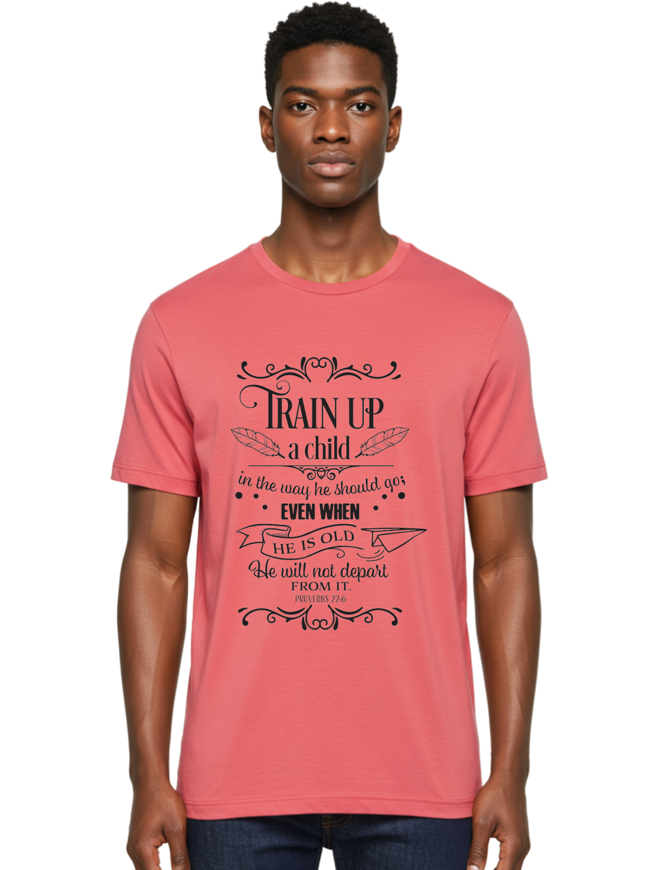 Train-Up-A-Child Men'S Graphic Tee, 100% Cotton, Comfortable Casual Summer Wear, Machine Washable, Inspirational Quote, Biblical Verse, Proverbs 22:6, Parenting Advice, Child Upbringing, Scripture Art, Typographic Design, Feather Graphics, Aad268