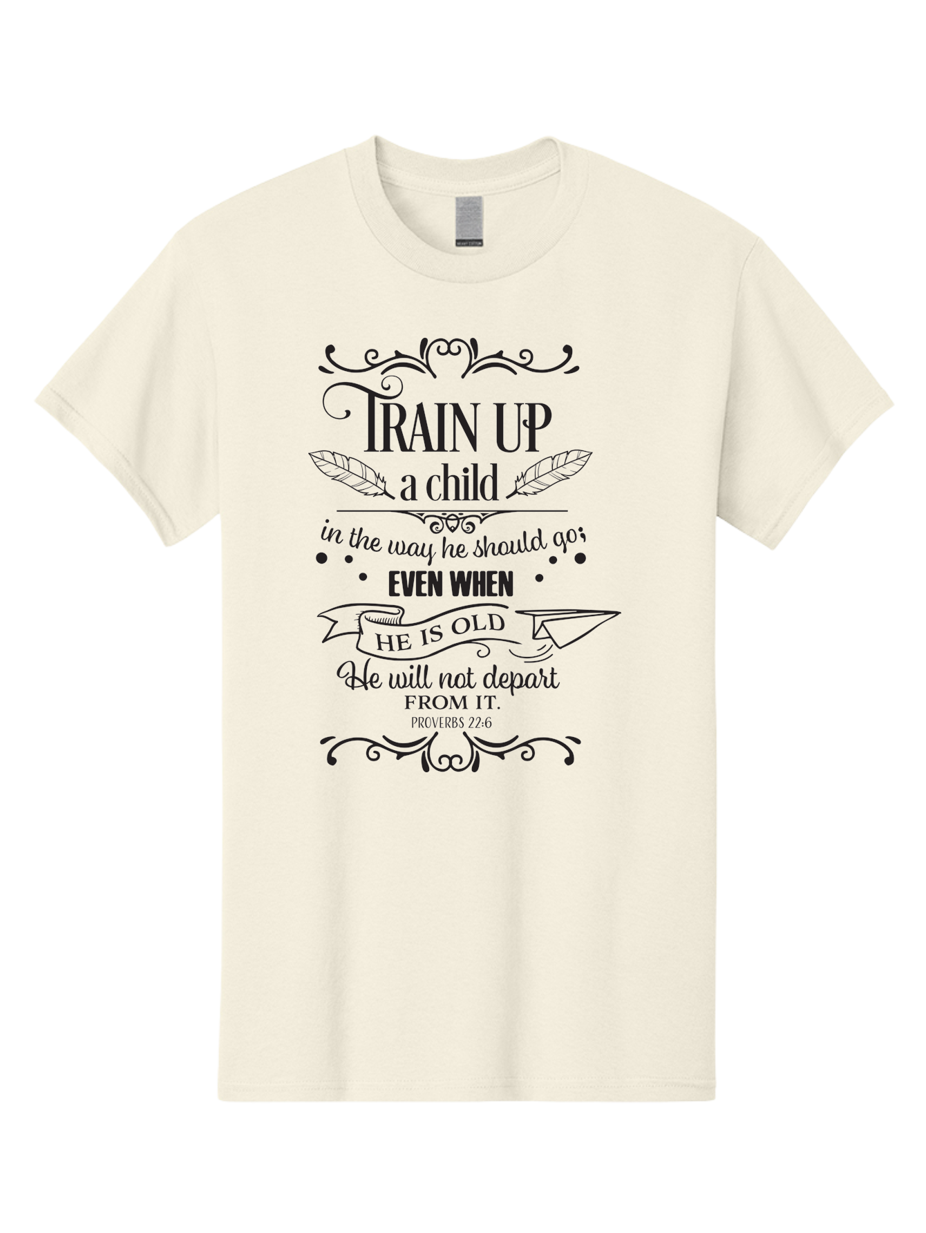 Train-Up-A-Child Men'S Graphic Tee, 100% Cotton, Comfortable Casual Summer Wear, Machine Washable, Inspirational Quote, Biblical Verse, Proverbs 22:6, Parenting Advice, Child Upbringing, Scripture Art, Typographic Design, Feather Graphics, Aad268