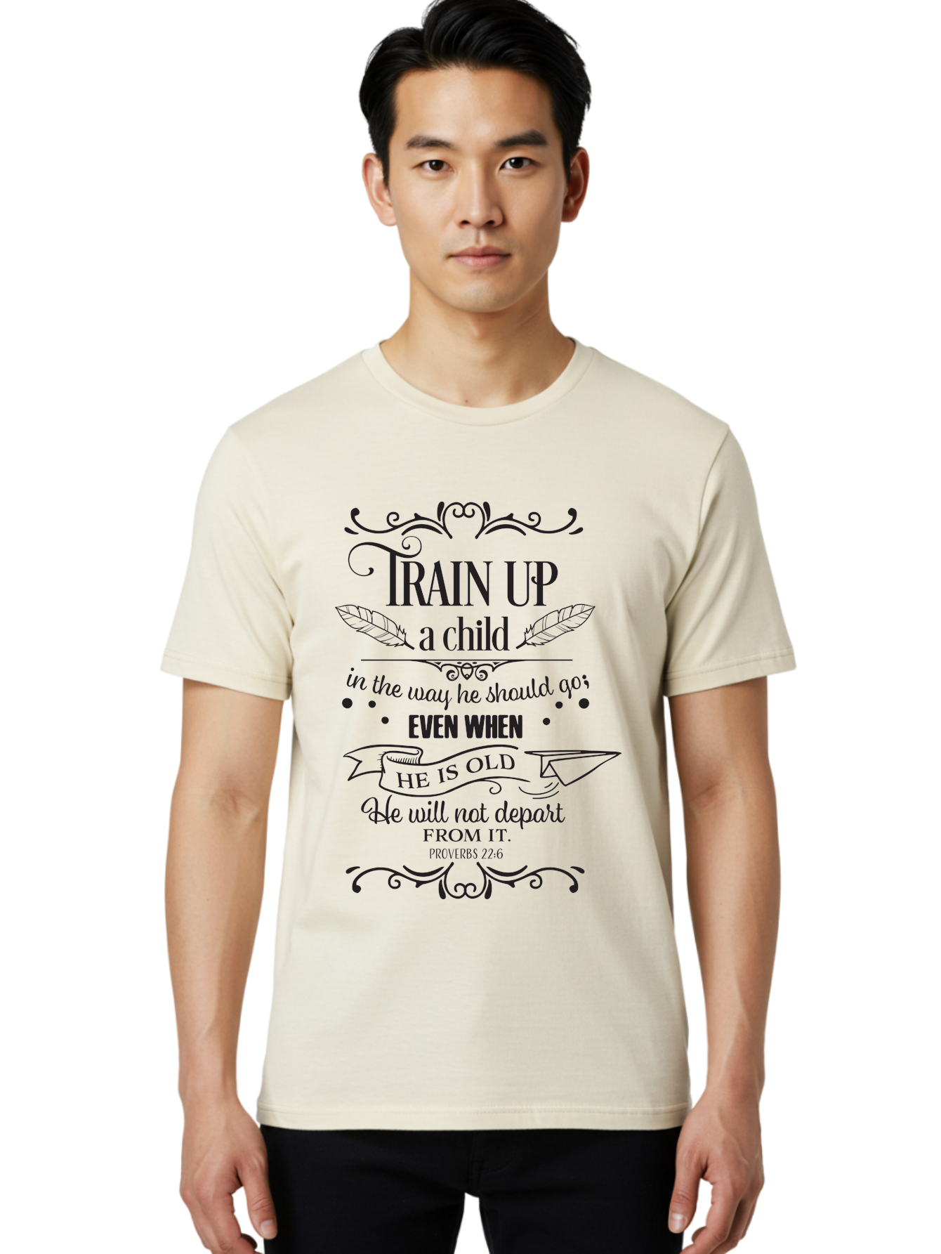 Train-Up-A-Child Men'S Graphic Tee, 100% Cotton, Comfortable Casual Summer Wear, Machine Washable, Inspirational Quote, Biblical Verse, Proverbs 22:6, Parenting Advice, Child Upbringing, Scripture Art, Typographic Design, Feather Graphics, Aad268