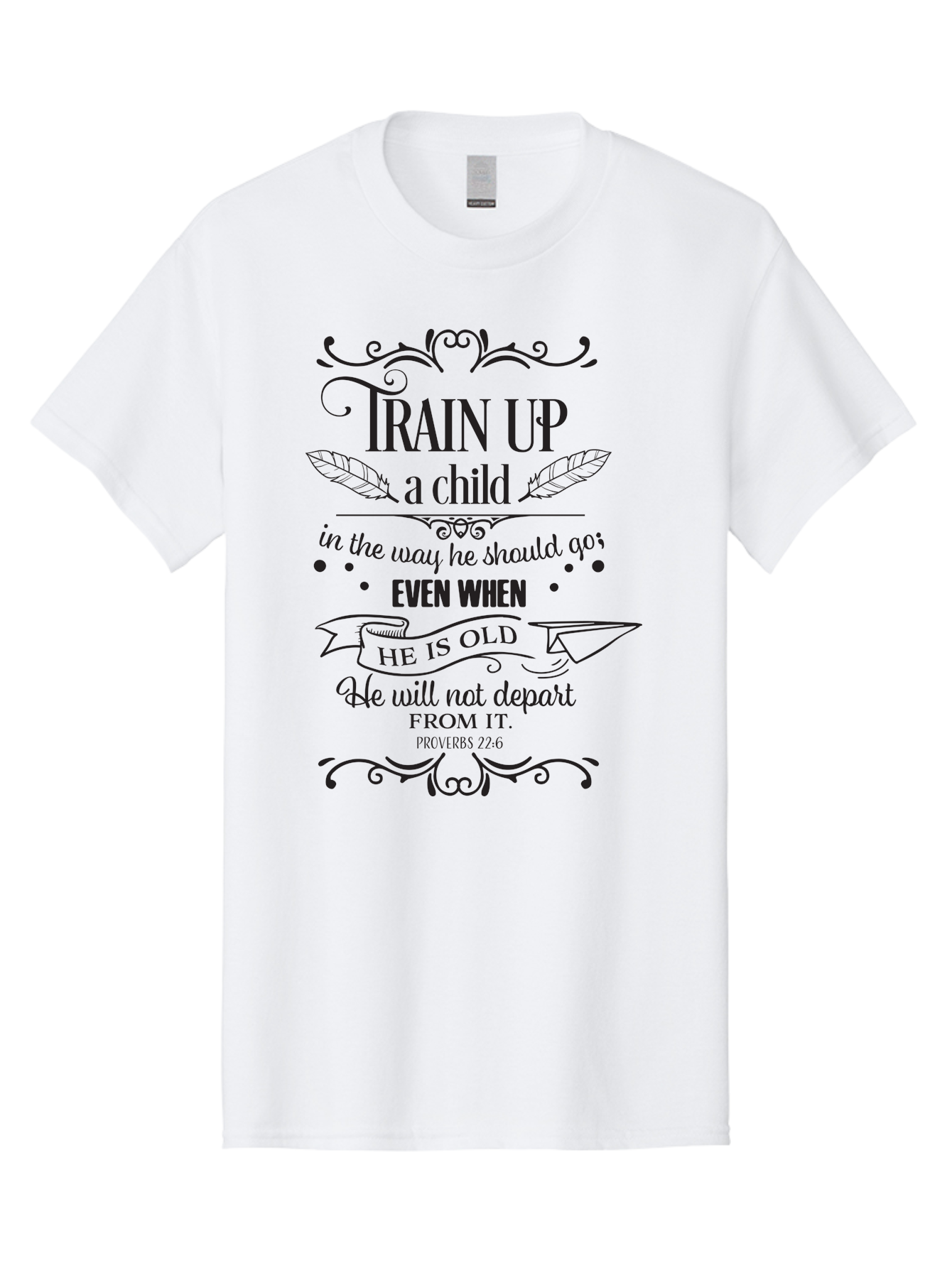 Train-Up-A-Child Men'S Graphic Tee, 100% Cotton, Comfortable Casual Summer Wear, Machine Washable, Inspirational Quote, Biblical Verse, Proverbs 22:6, Parenting Advice, Child Upbringing, Scripture Art, Typographic Design, Feather Graphics, Aad268