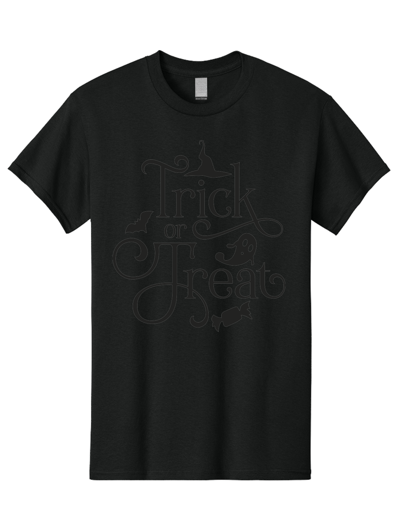 Trick-Or-Treat Men'S Graphic Tee, 100% Cotton, Comfortable Casual Summer Wear, Machine Washable, Halloween Greeting, Trick Or Treat, Black Silhouettes, Witch Hat, Flying Bat, Candy, Spooky Decorations, Halloween Theme, Festive Decor Aad270