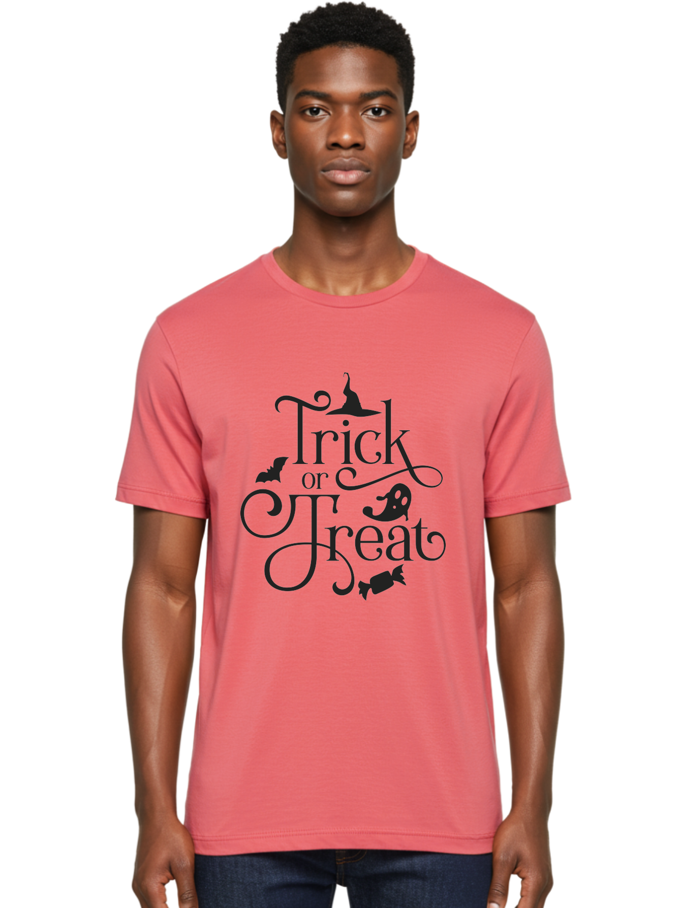 Trick-Or-Treat Men'S Graphic Tee, 100% Cotton, Comfortable Casual Summer Wear, Machine Washable, Halloween Greeting, Trick Or Treat, Black Silhouettes, Witch Hat, Flying Bat, Candy, Spooky Decorations, Halloween Theme, Festive Decor Aad270