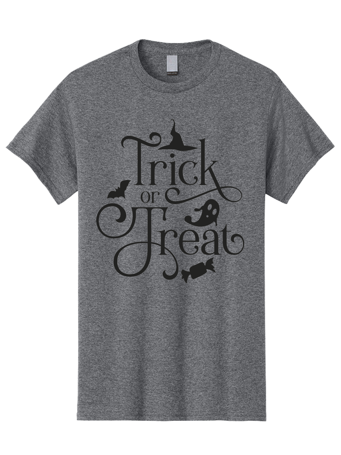 Trick-Or-Treat Men'S Graphic Tee, 100% Cotton, Comfortable Casual Summer Wear, Machine Washable, Halloween Greeting, Trick Or Treat, Black Silhouettes, Witch Hat, Flying Bat, Candy, Spooky Decorations, Halloween Theme, Festive Decor Aad270