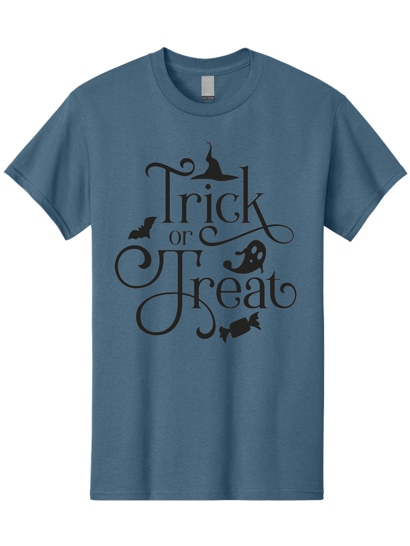 Trick-Or-Treat Men'S Graphic Tee, 100% Cotton, Comfortable Casual Summer Wear, Machine Washable, Halloween Greeting, Trick Or Treat, Black Silhouettes, Witch Hat, Flying Bat, Candy, Spooky Decorations, Halloween Theme, Festive Decor Aad270