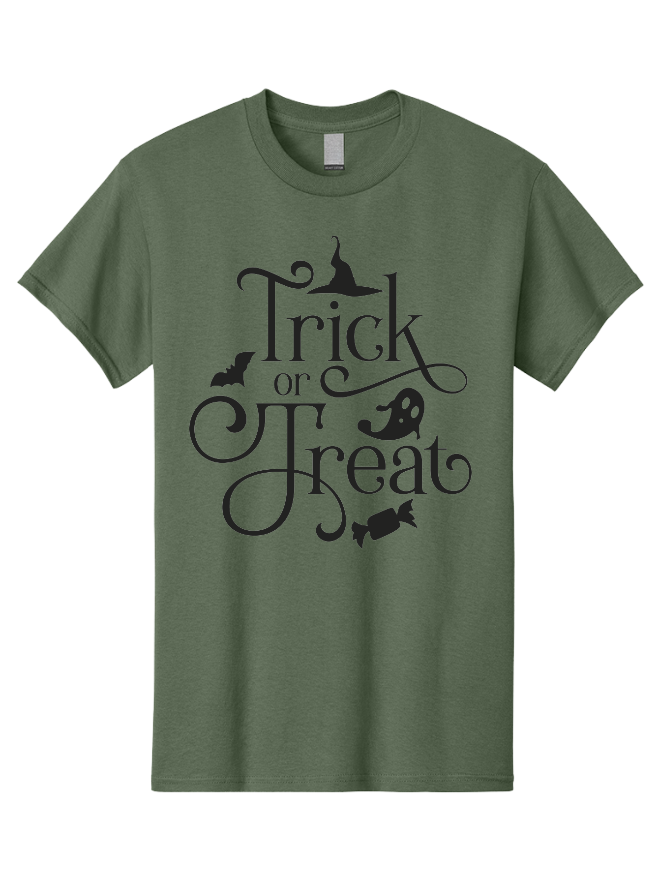 Trick-Or-Treat Men'S Graphic Tee, 100% Cotton, Comfortable Casual Summer Wear, Machine Washable, Halloween Greeting, Trick Or Treat, Black Silhouettes, Witch Hat, Flying Bat, Candy, Spooky Decorations, Halloween Theme, Festive Decor Aad270