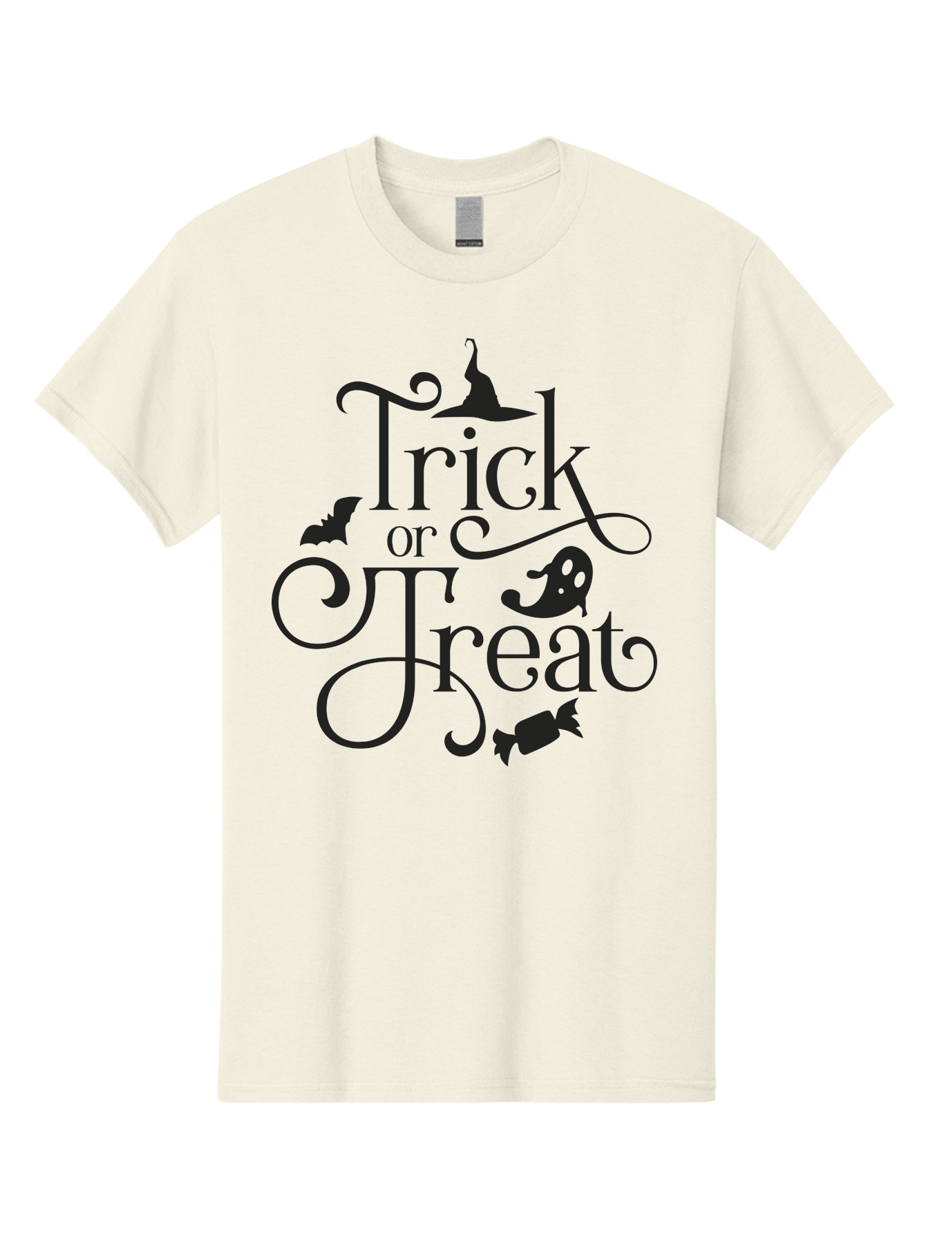 Trick-Or-Treat Men'S Graphic Tee, 100% Cotton, Comfortable Casual Summer Wear, Machine Washable, Halloween Greeting, Trick Or Treat, Black Silhouettes, Witch Hat, Flying Bat, Candy, Spooky Decorations, Halloween Theme, Festive Decor Aad270