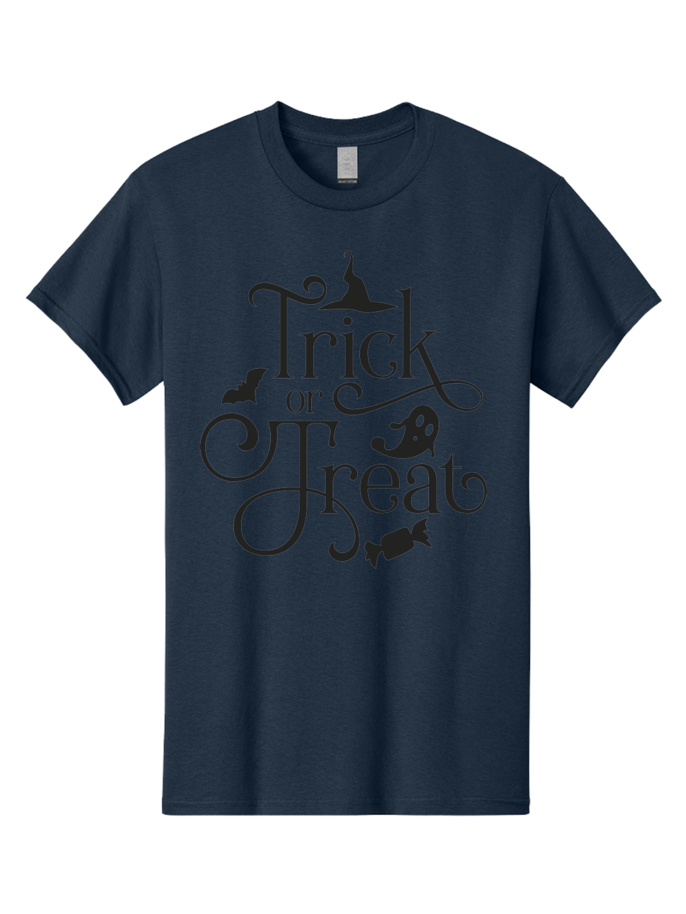 Trick-Or-Treat Men'S Graphic Tee, 100% Cotton, Comfortable Casual Summer Wear, Machine Washable, Halloween Greeting, Trick Or Treat, Black Silhouettes, Witch Hat, Flying Bat, Candy, Spooky Decorations, Halloween Theme, Festive Decor Aad270