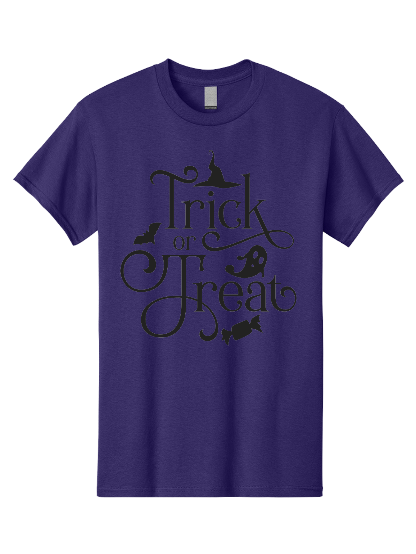 Trick-Or-Treat Men'S Graphic Tee, 100% Cotton, Comfortable Casual Summer Wear, Machine Washable, Halloween Greeting, Trick Or Treat, Black Silhouettes, Witch Hat, Flying Bat, Candy, Spooky Decorations, Halloween Theme, Festive Decor Aad270