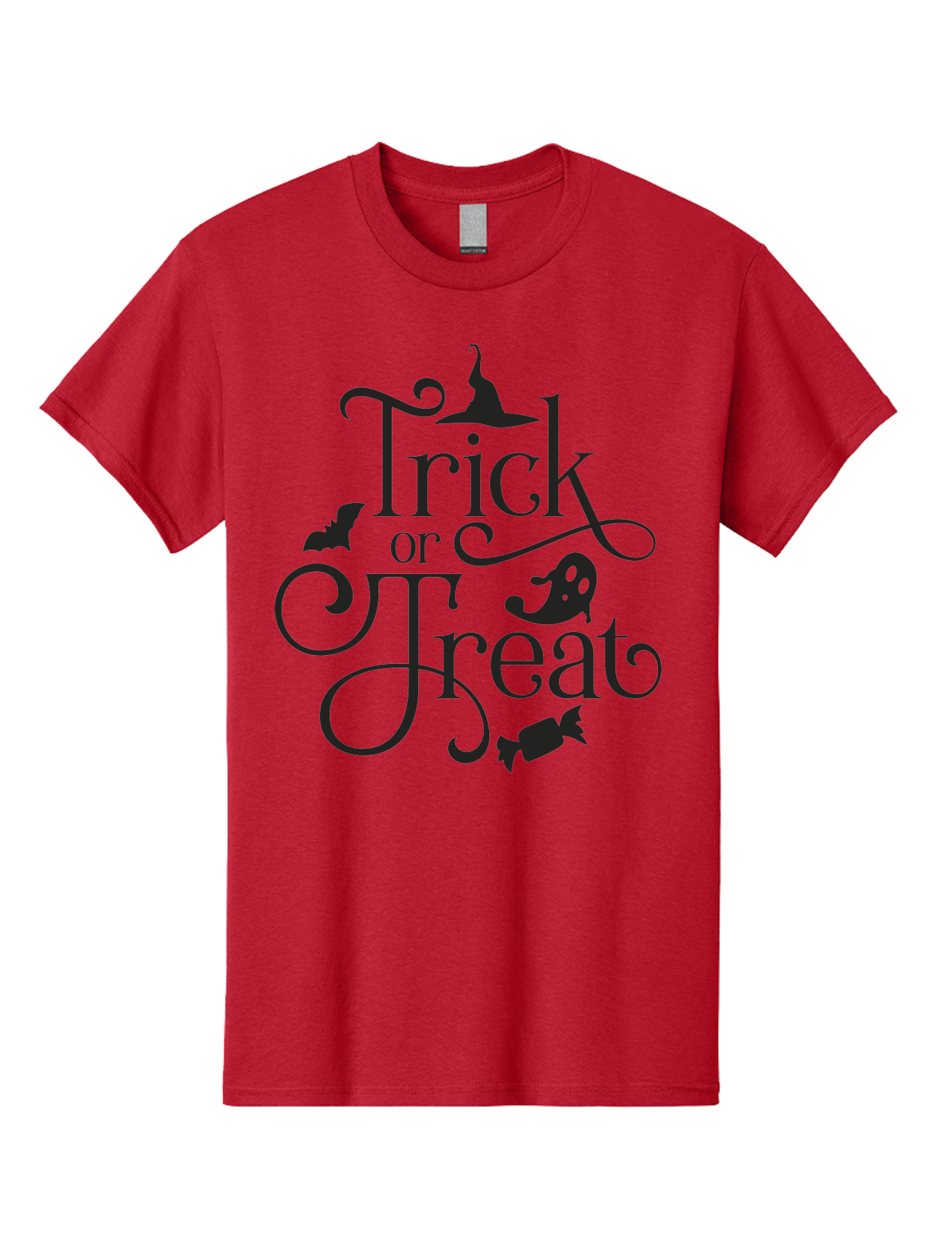 Trick-Or-Treat Men'S Graphic Tee, 100% Cotton, Comfortable Casual Summer Wear, Machine Washable, Halloween Greeting, Trick Or Treat, Black Silhouettes, Witch Hat, Flying Bat, Candy, Spooky Decorations, Halloween Theme, Festive Decor Aad270