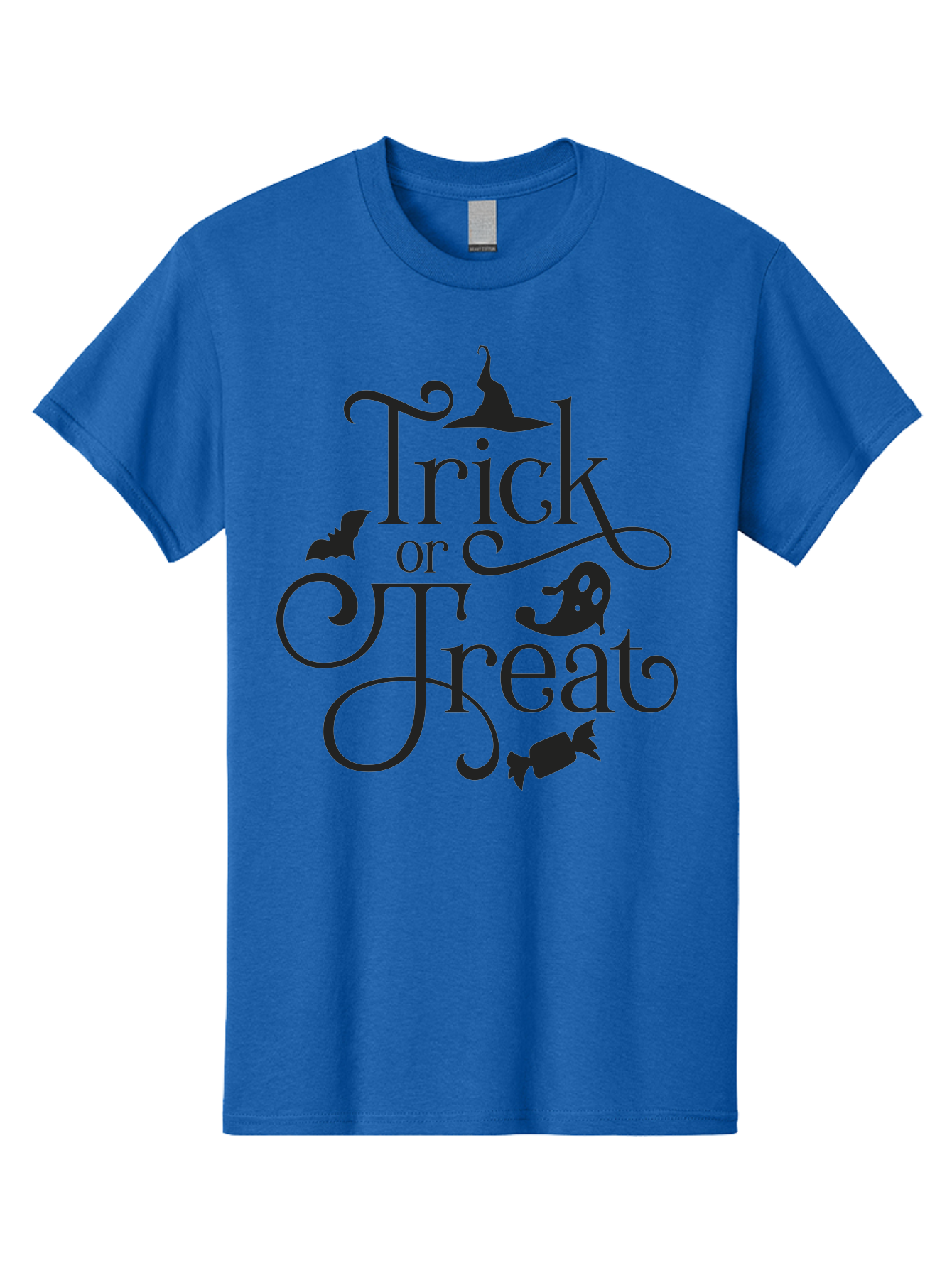 Trick-Or-Treat Men'S Graphic Tee, 100% Cotton, Comfortable Casual Summer Wear, Machine Washable, Halloween Greeting, Trick Or Treat, Black Silhouettes, Witch Hat, Flying Bat, Candy, Spooky Decorations, Halloween Theme, Festive Decor Aad270