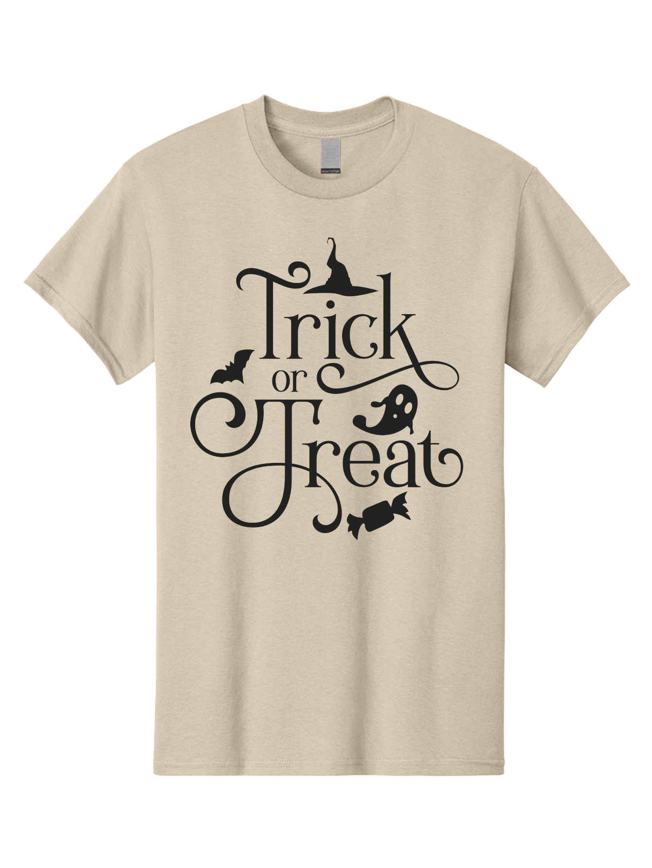 Trick-Or-Treat Men'S Graphic Tee, 100% Cotton, Comfortable Casual Summer Wear, Machine Washable, Halloween Greeting, Trick Or Treat, Black Silhouettes, Witch Hat, Flying Bat, Candy, Spooky Decorations, Halloween Theme, Festive Decor Aad270