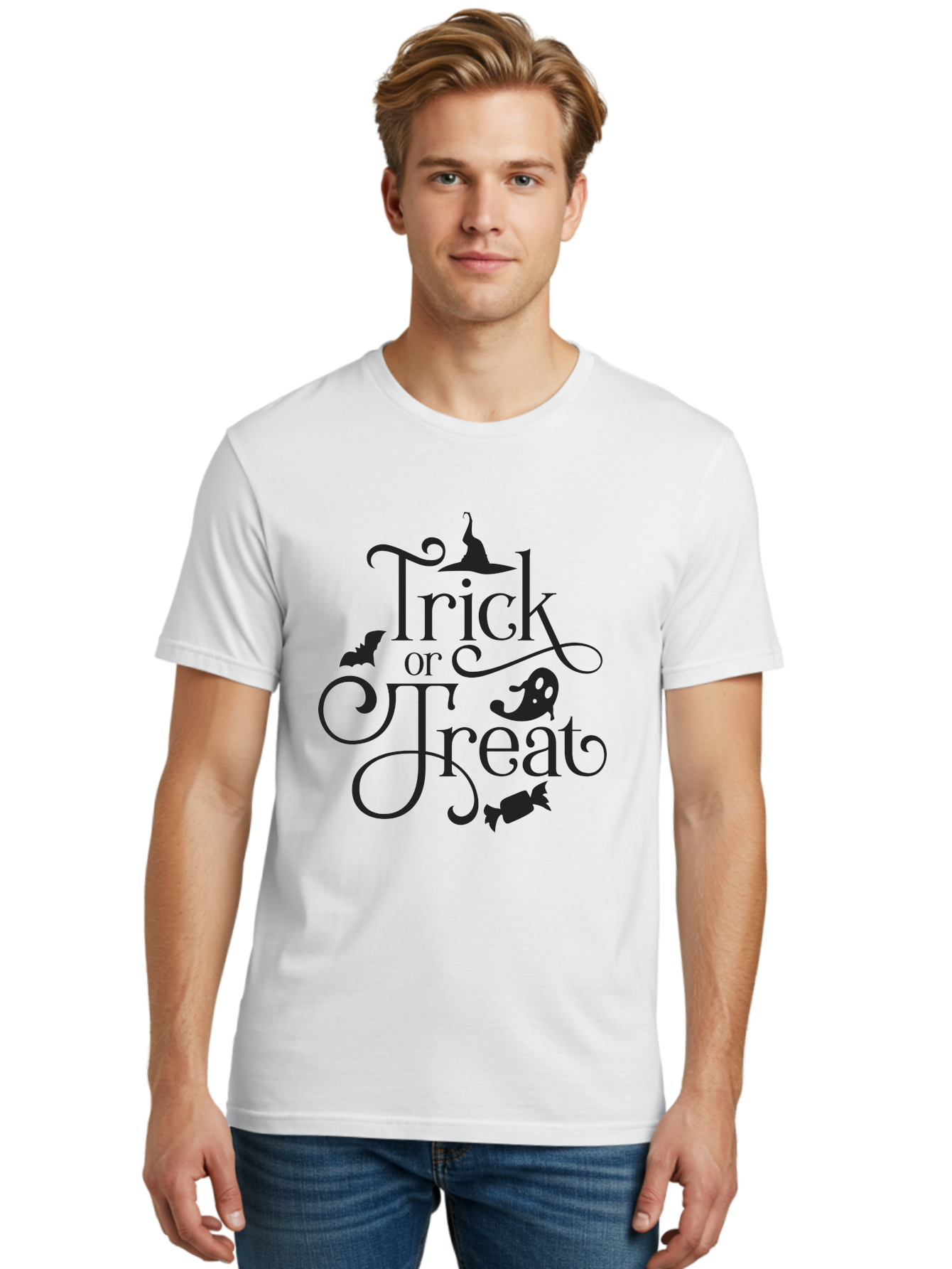 Trick-Or-Treat Men'S Graphic Tee, 100% Cotton, Comfortable Casual Summer Wear, Machine Washable, Halloween Greeting, Trick Or Treat, Black Silhouettes, Witch Hat, Flying Bat, Candy, Spooky Decorations, Halloween Theme, Festive Decor Aad270