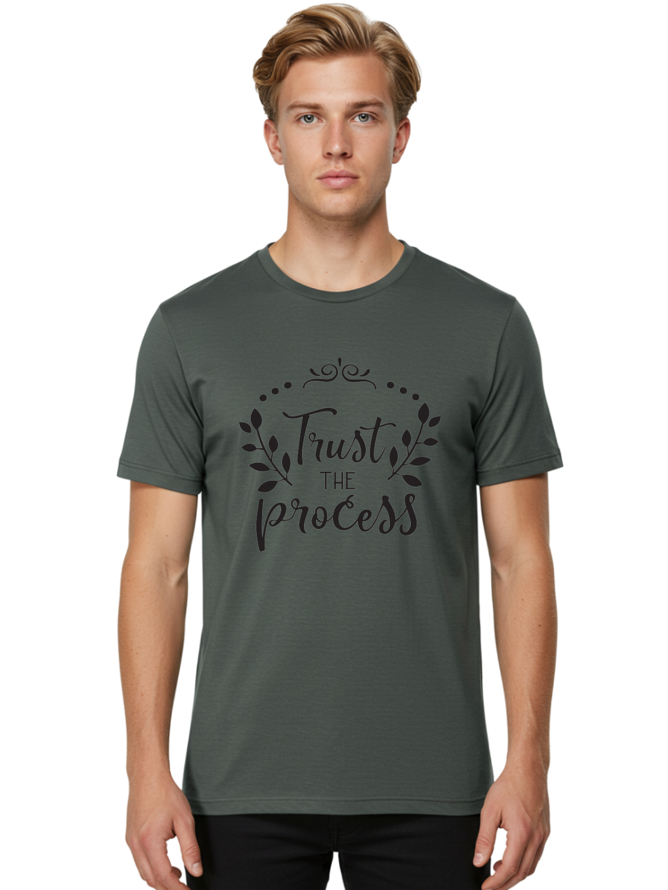 Trust-The-Process Men'S Graphic Tee, 100% Cotton, Comfortable Casual Summer Wear, Machine Washable, Trust The Process, Motivational Quote, Leafy Wreath, Inspirational Words, Positive Affirmation, Decorative Typography, Empowerment Message, Aad272