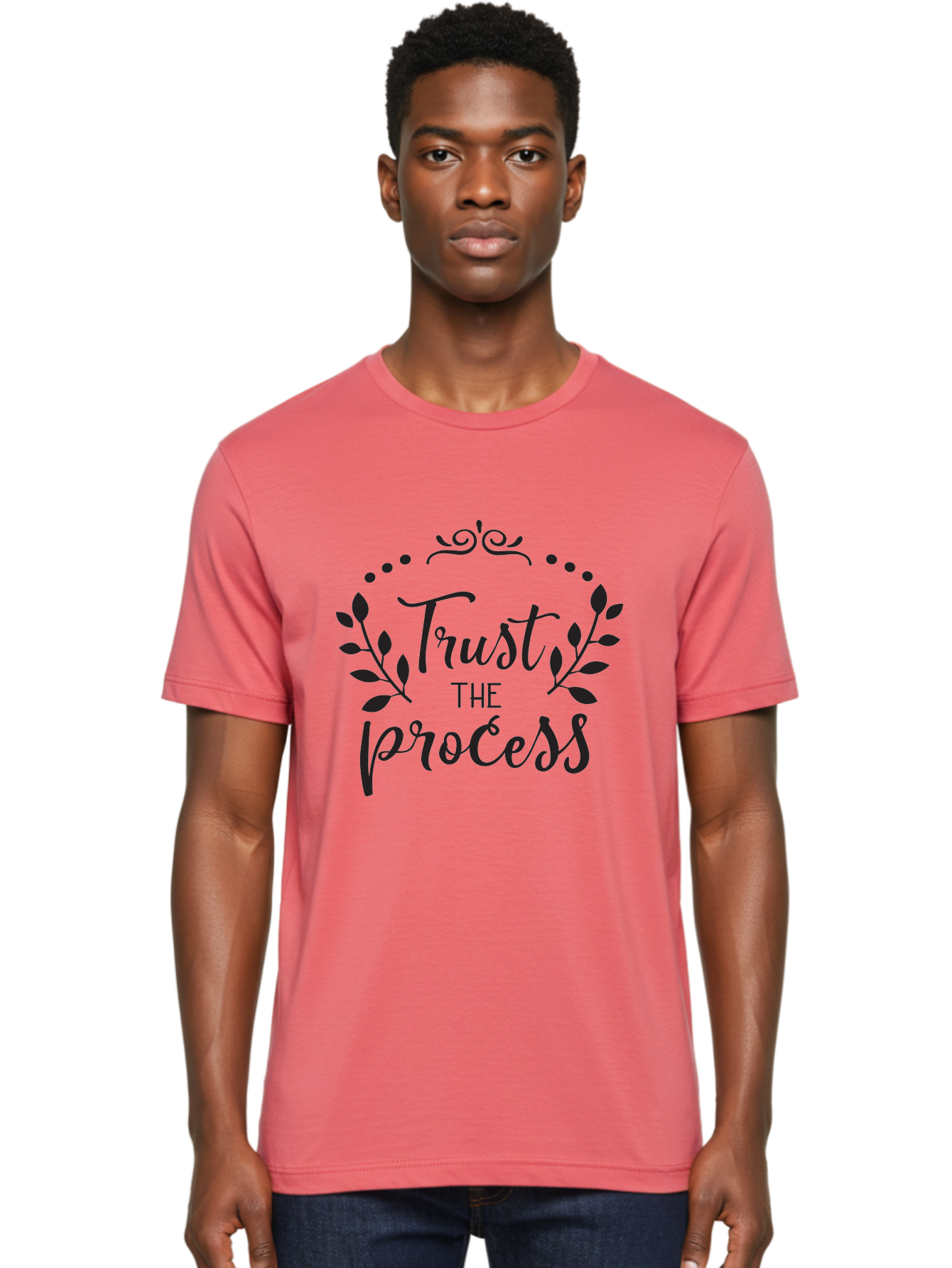 Trust-The-Process Men'S Graphic Tee, 100% Cotton, Comfortable Casual Summer Wear, Machine Washable, Trust The Process, Motivational Quote, Leafy Wreath, Inspirational Words, Positive Affirmation, Decorative Typography, Empowerment Message, Aad272