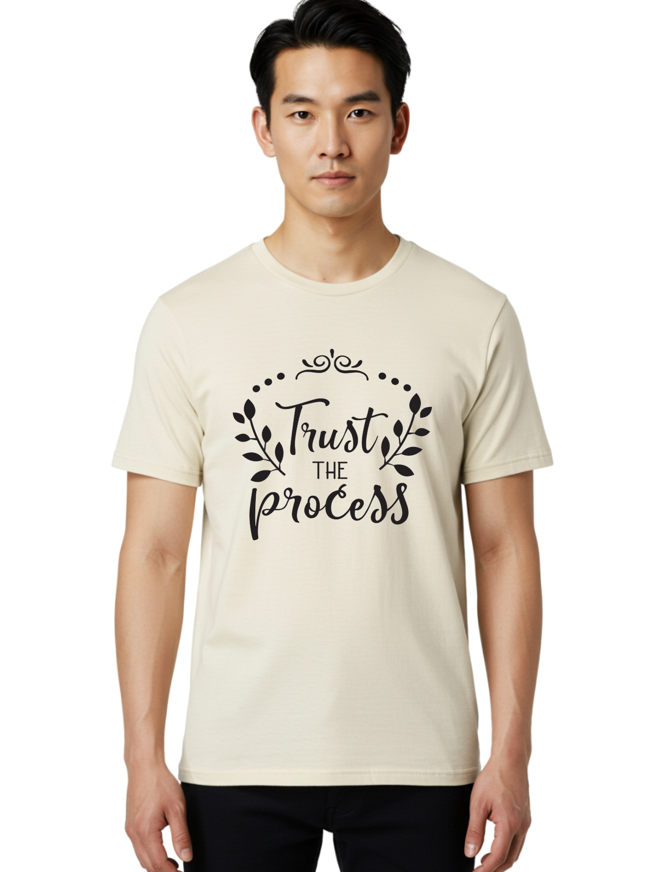 Trust-The-Process Men'S Graphic Tee, 100% Cotton, Comfortable Casual Summer Wear, Machine Washable, Trust The Process, Motivational Quote, Leafy Wreath, Inspirational Words, Positive Affirmation, Decorative Typography, Empowerment Message, Aad272