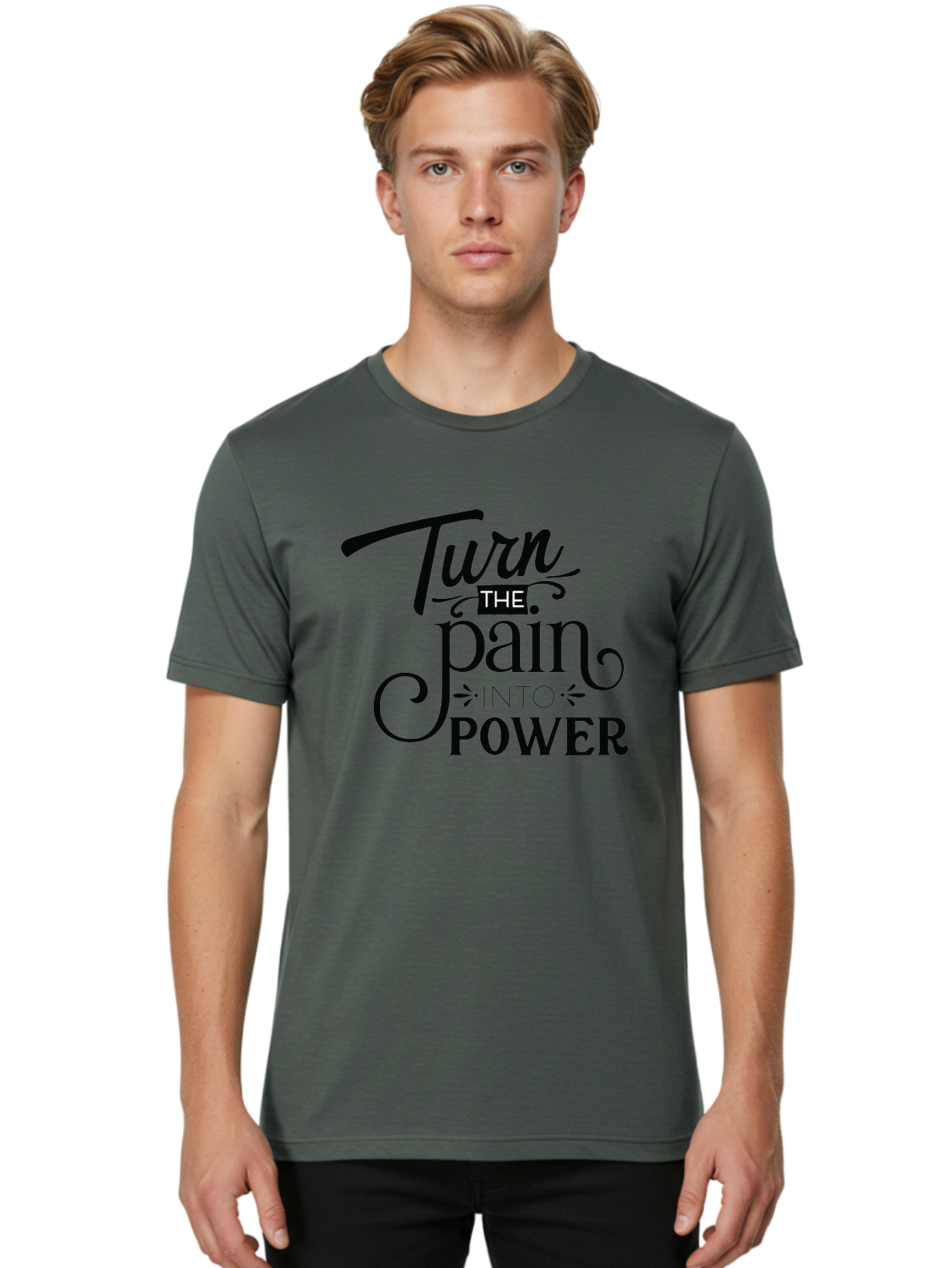 Turn-The-Pain-Into-Power Men'S Graphic Tee, 100% Cotton, Comfortable Casual Summer Wear, Machine Washable, Motivational Quote, Inspirational Phrase, Overcoming Adversity, Inner Strength, Personal Growth, Empowerment, Mental Toughness, Aad274