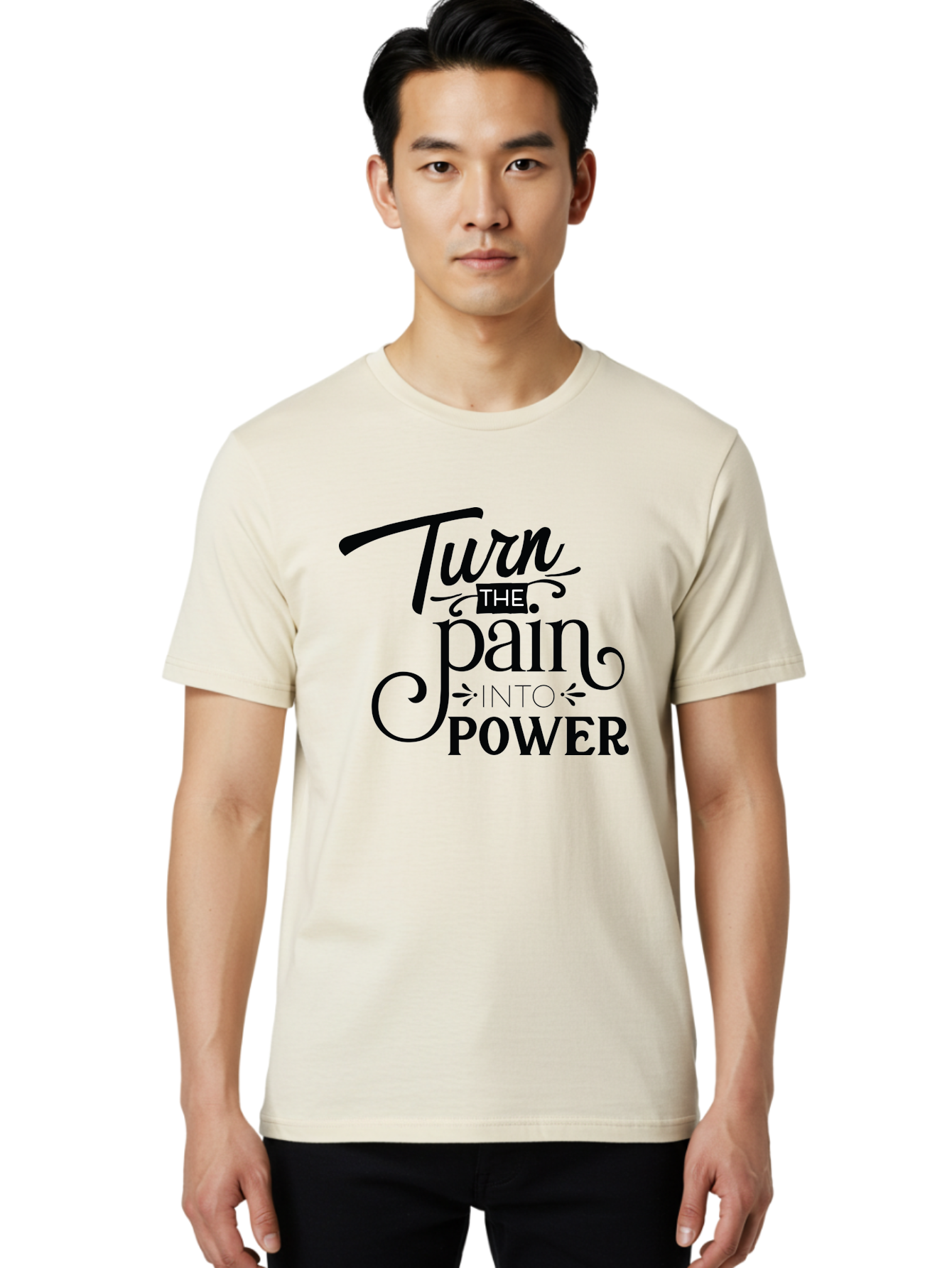 Turn-The-Pain-Into-Power Men'S Graphic Tee, 100% Cotton, Comfortable Casual Summer Wear, Machine Washable, Motivational Quote, Inspirational Phrase, Overcoming Adversity, Inner Strength, Personal Growth, Empowerment, Mental Toughness, Aad274