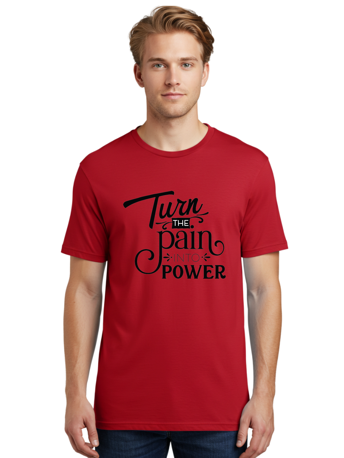 Turn-The-Pain-Into-Power Men'S Graphic Tee, 100% Cotton, Comfortable Casual Summer Wear, Machine Washable, Motivational Quote, Inspirational Phrase, Overcoming Adversity, Inner Strength, Personal Growth, Empowerment, Mental Toughness, Aad274