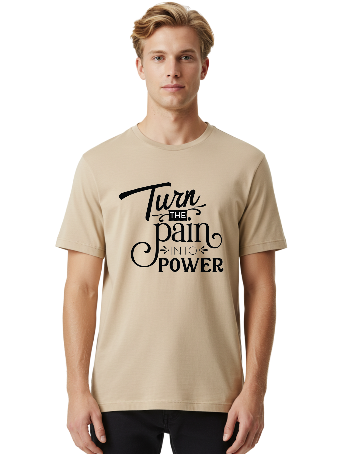 Turn-The-Pain-Into-Power Men'S Graphic Tee, 100% Cotton, Comfortable Casual Summer Wear, Machine Washable, Motivational Quote, Inspirational Phrase, Overcoming Adversity, Inner Strength, Personal Growth, Empowerment, Mental Toughness, Aad274