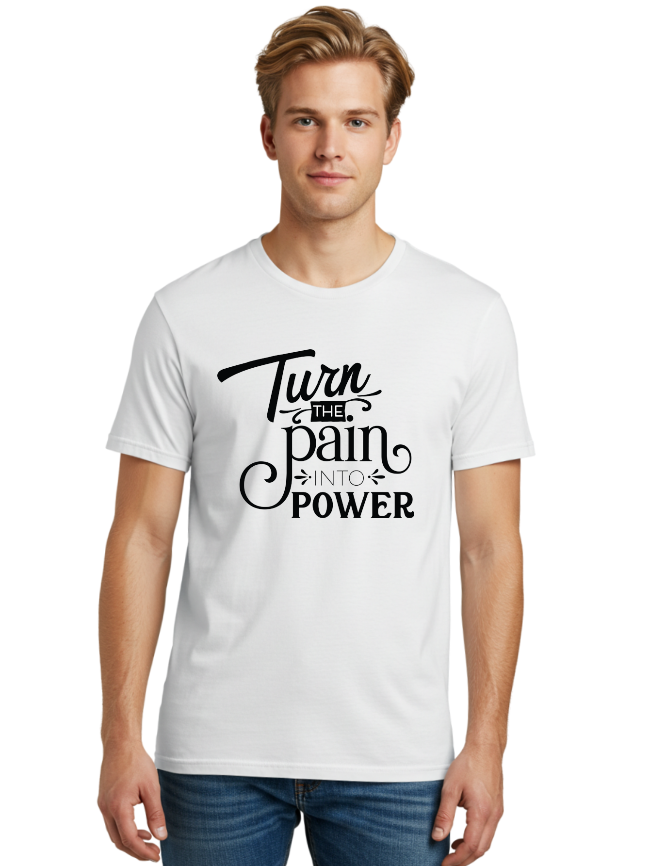 Turn-The-Pain-Into-Power Men'S Graphic Tee, 100% Cotton, Comfortable Casual Summer Wear, Machine Washable, Motivational Quote, Inspirational Phrase, Overcoming Adversity, Inner Strength, Personal Growth, Empowerment, Mental Toughness, Aad274