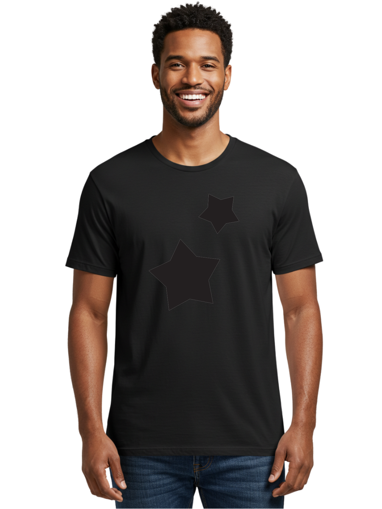 Two-Black-Stars Men'S Graphic Tee, 100% Cotton, Comfortable Casual Summer Wear, Machine Washable, Star Silhouettes, Black Stars, Simple Shapes, Minimalist Design, Abstract Art, Celestial Theme, Graphic Elements, Creative Design Aad275