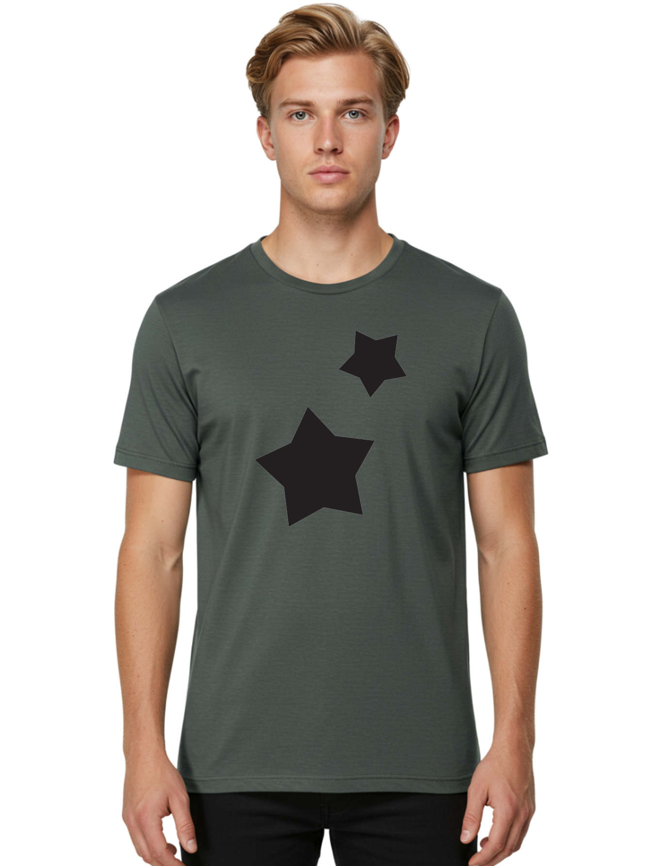 Two-Black-Stars Men'S Graphic Tee, 100% Cotton, Comfortable Casual Summer Wear, Machine Washable, Star Silhouettes, Black Stars, Simple Shapes, Minimalist Design, Abstract Art, Celestial Theme, Graphic Elements, Creative Design Aad275