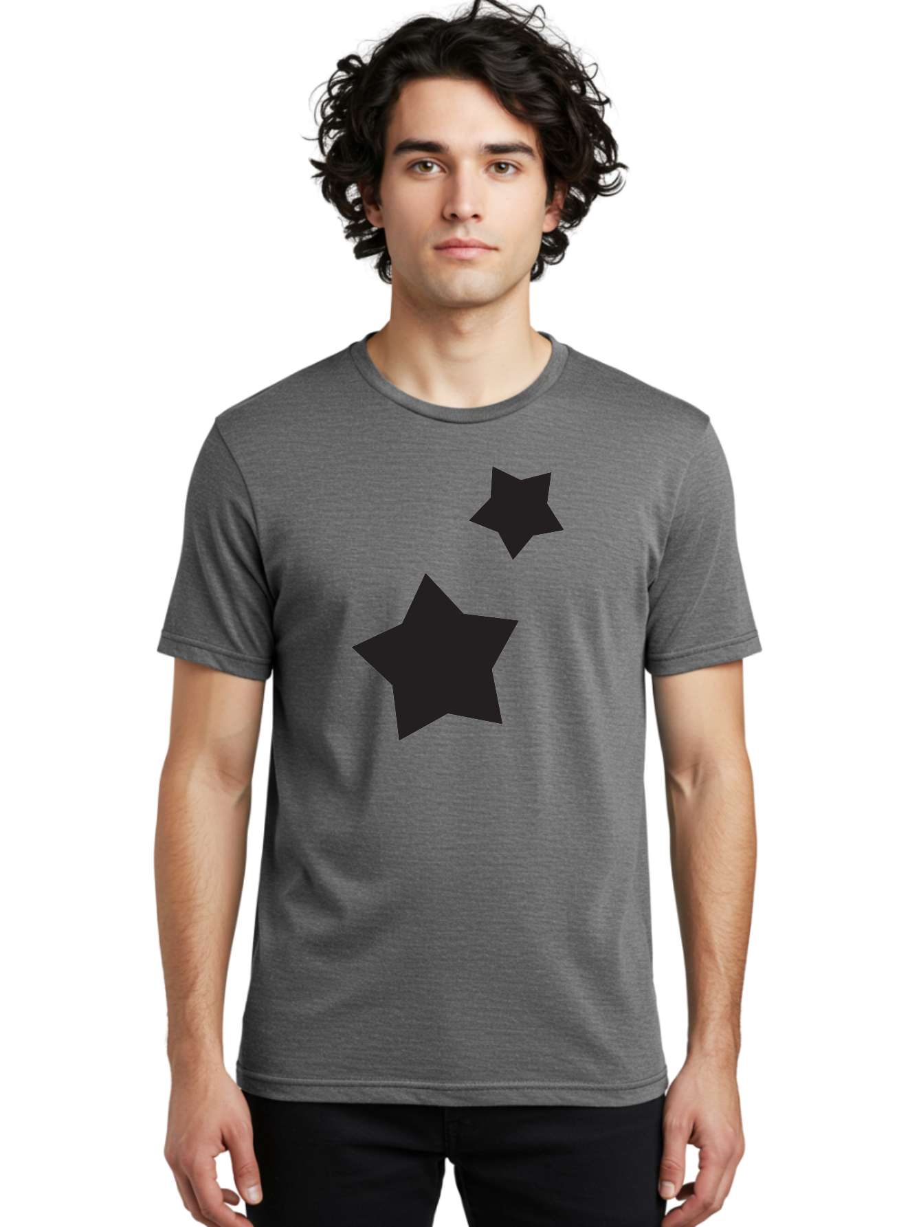 Two-Black-Stars Men'S Graphic Tee, 100% Cotton, Comfortable Casual Summer Wear, Machine Washable, Star Silhouettes, Black Stars, Simple Shapes, Minimalist Design, Abstract Art, Celestial Theme, Graphic Elements, Creative Design Aad275