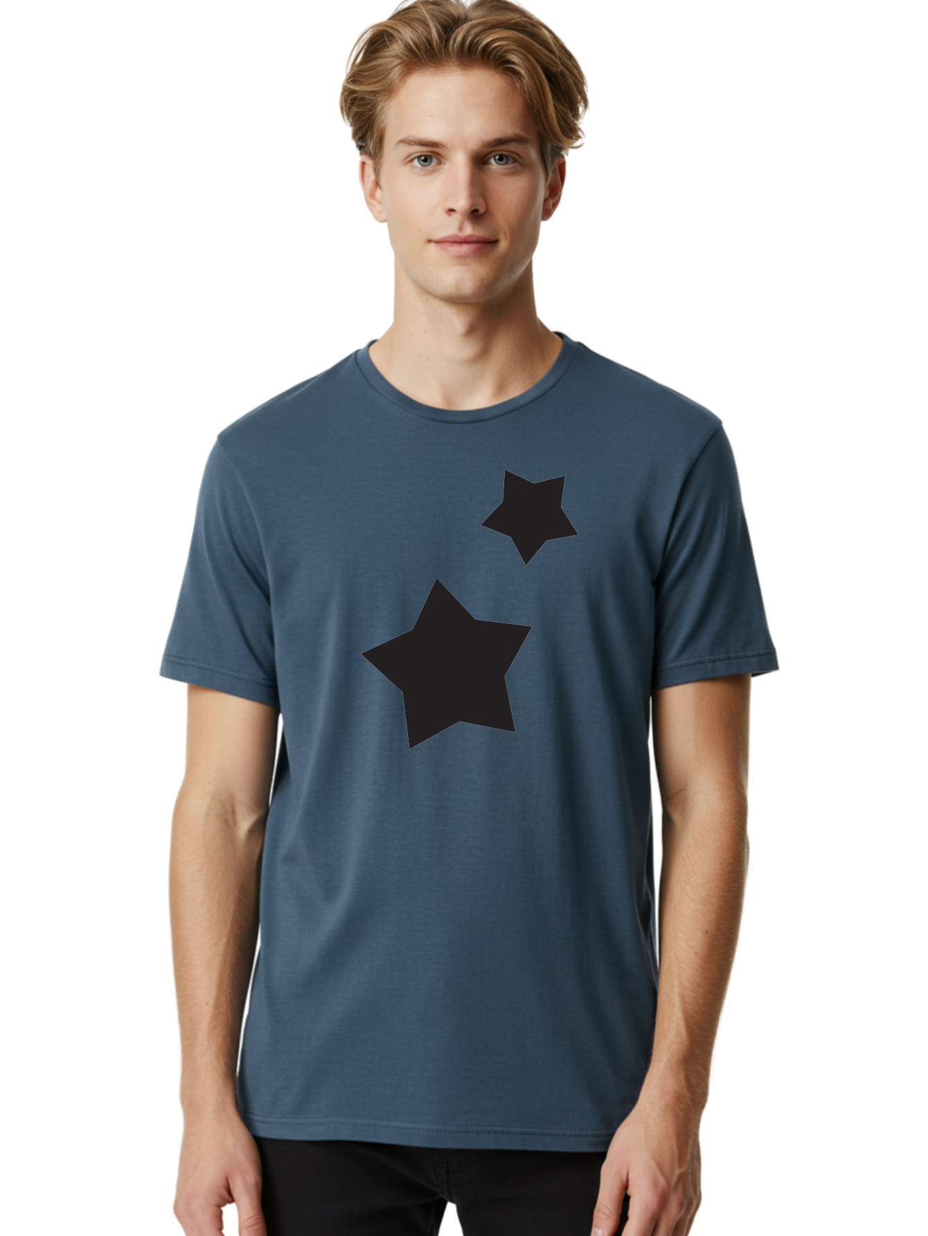 Two-Black-Stars Men'S Graphic Tee, 100% Cotton, Comfortable Casual Summer Wear, Machine Washable, Star Silhouettes, Black Stars, Simple Shapes, Minimalist Design, Abstract Art, Celestial Theme, Graphic Elements, Creative Design Aad275