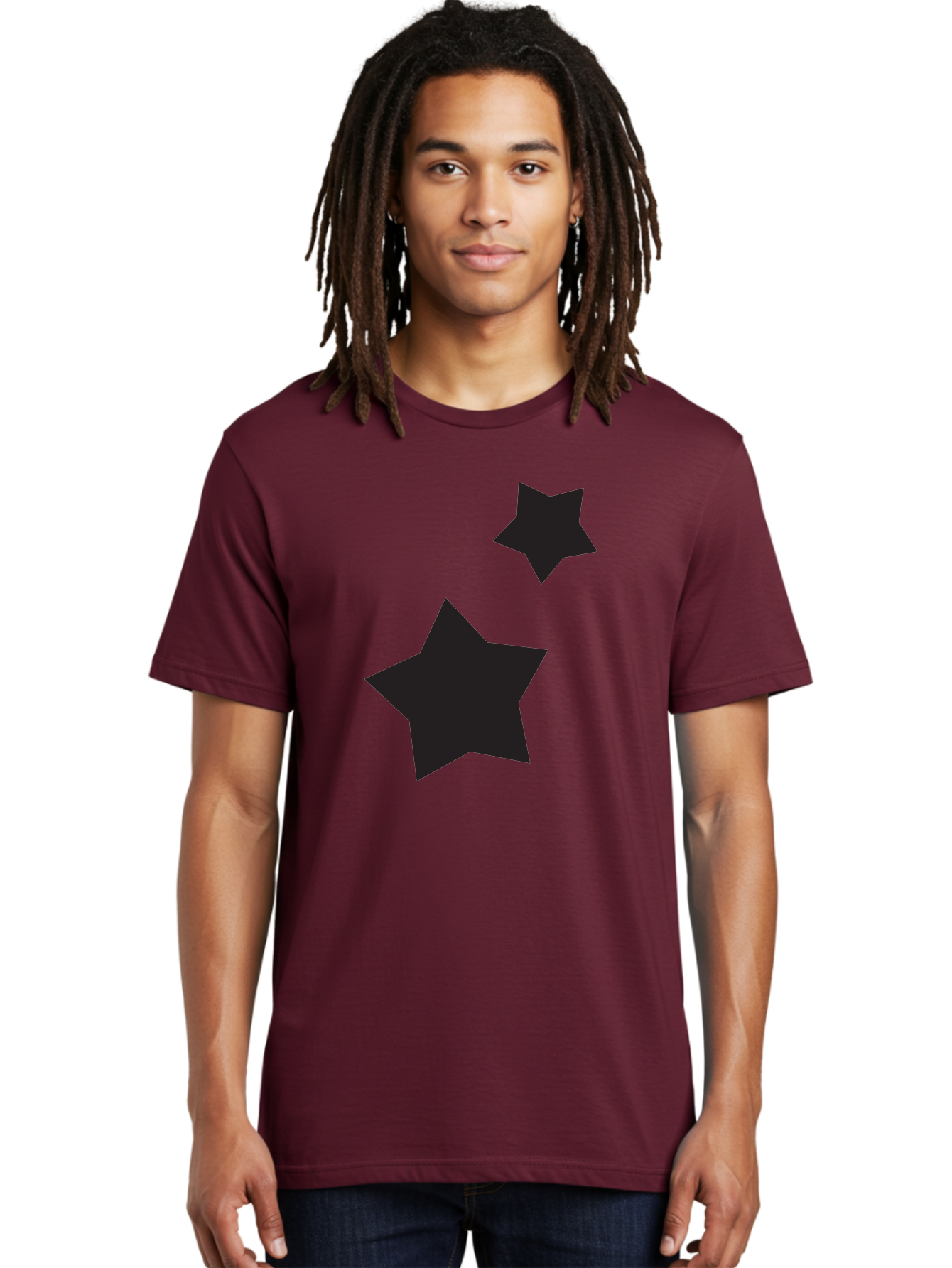 Two-Black-Stars Men'S Graphic Tee, 100% Cotton, Comfortable Casual Summer Wear, Machine Washable, Star Silhouettes, Black Stars, Simple Shapes, Minimalist Design, Abstract Art, Celestial Theme, Graphic Elements, Creative Design Aad275