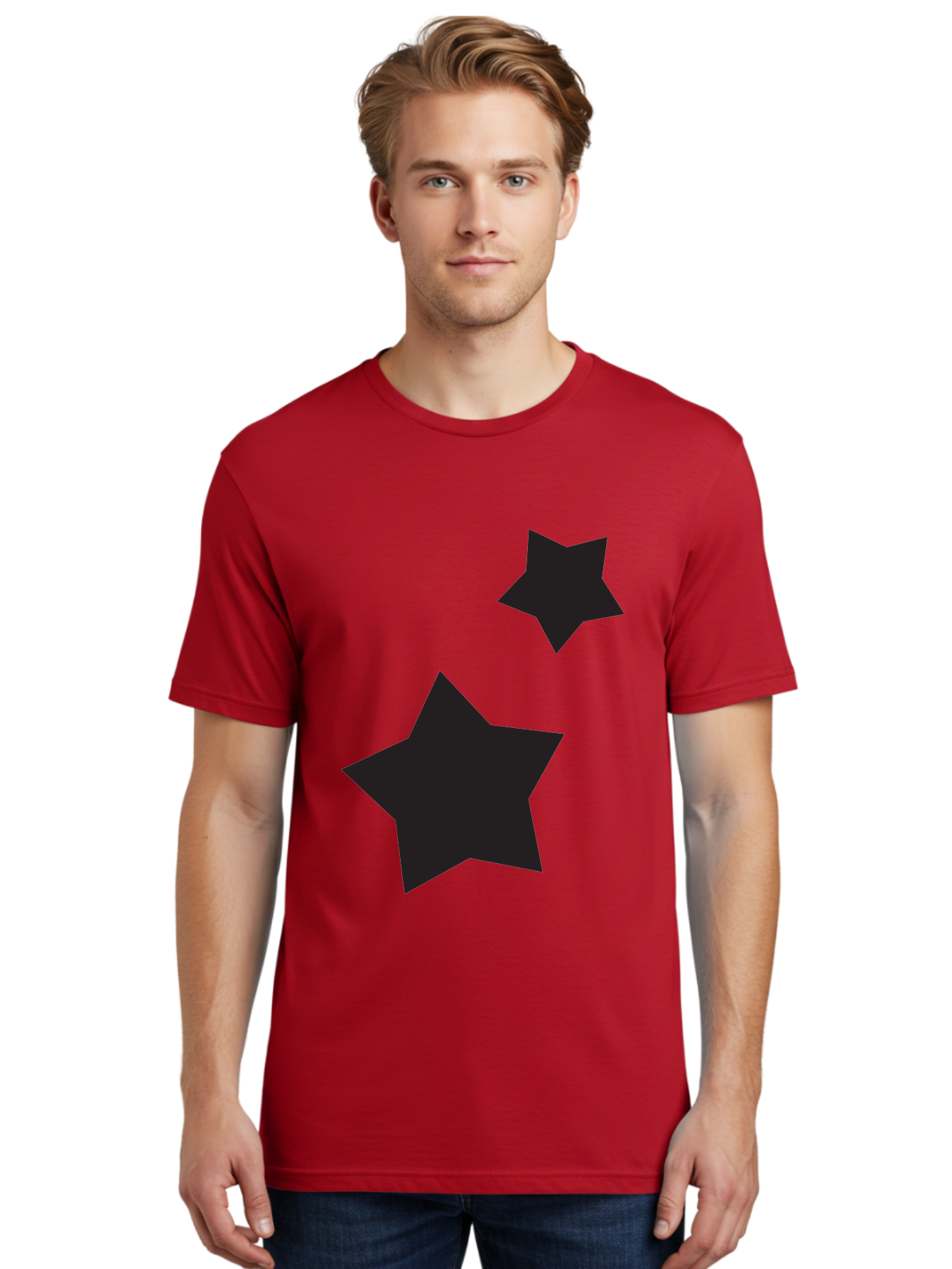 Two-Black-Stars Men'S Graphic Tee, 100% Cotton, Comfortable Casual Summer Wear, Machine Washable, Star Silhouettes, Black Stars, Simple Shapes, Minimalist Design, Abstract Art, Celestial Theme, Graphic Elements, Creative Design Aad275
