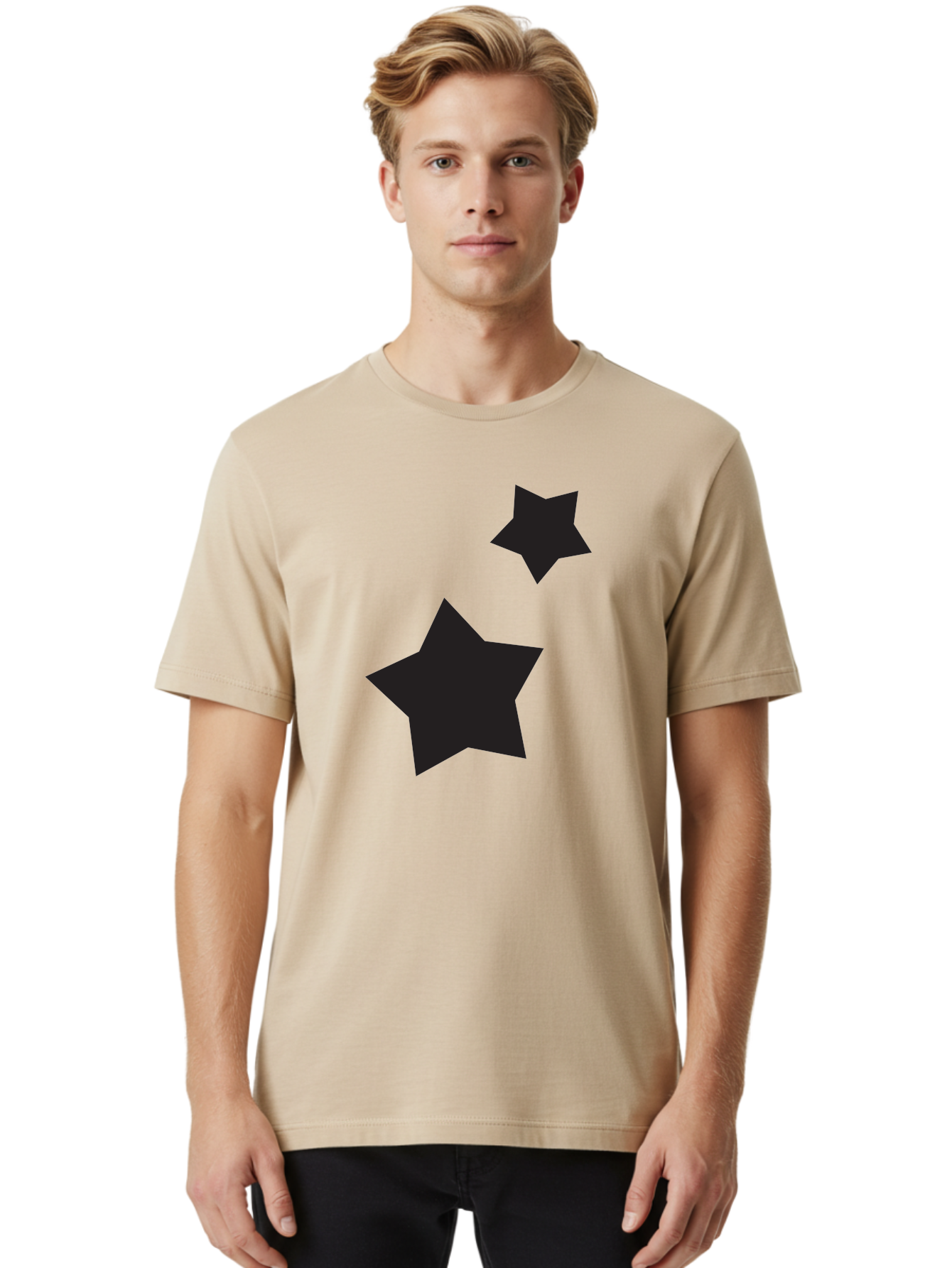 Two-Black-Stars Men'S Graphic Tee, 100% Cotton, Comfortable Casual Summer Wear, Machine Washable, Star Silhouettes, Black Stars, Simple Shapes, Minimalist Design, Abstract Art, Celestial Theme, Graphic Elements, Creative Design Aad275