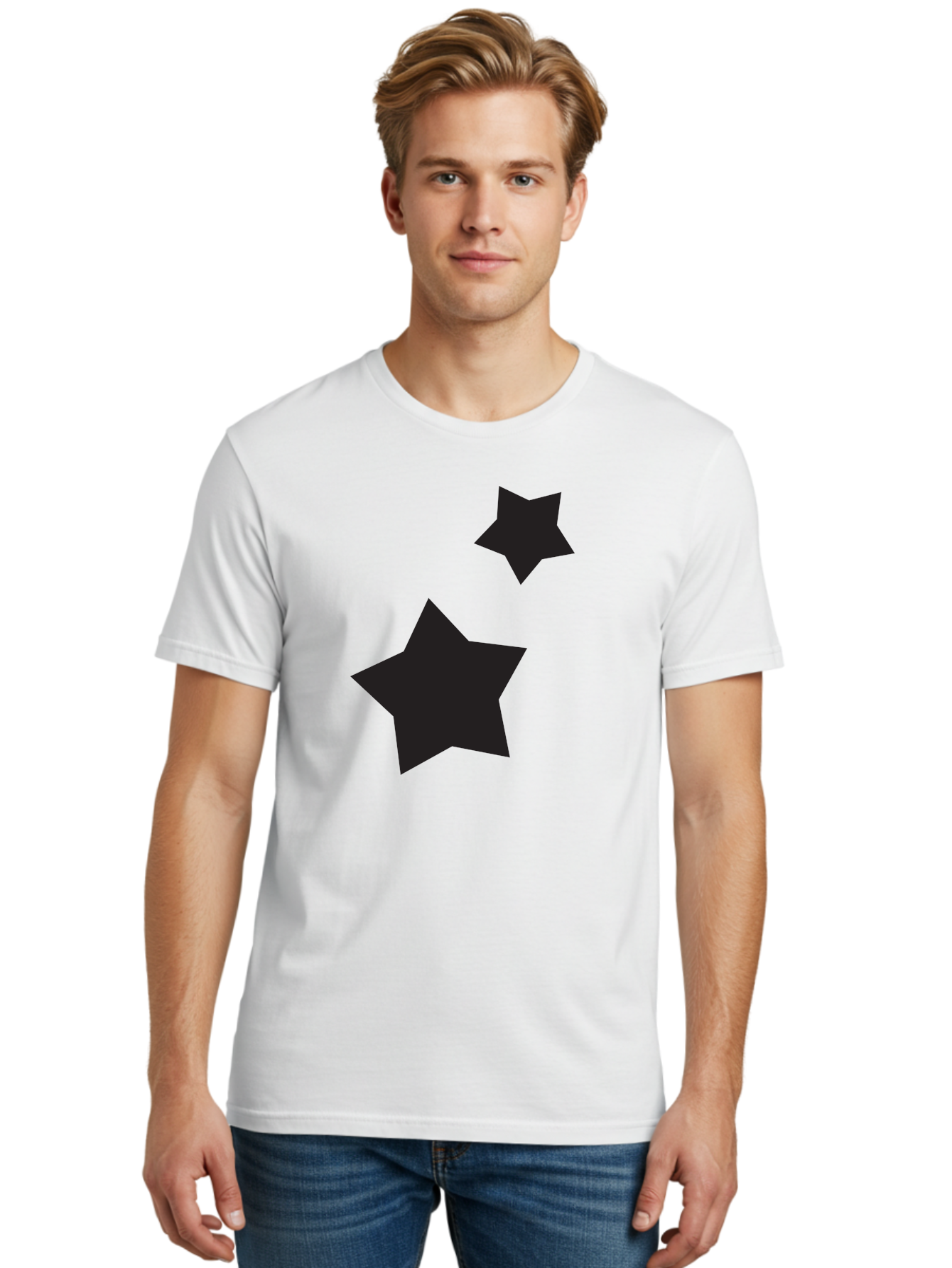 Two-Black-Stars Men'S Graphic Tee, 100% Cotton, Comfortable Casual Summer Wear, Machine Washable, Star Silhouettes, Black Stars, Simple Shapes, Minimalist Design, Abstract Art, Celestial Theme, Graphic Elements, Creative Design Aad275