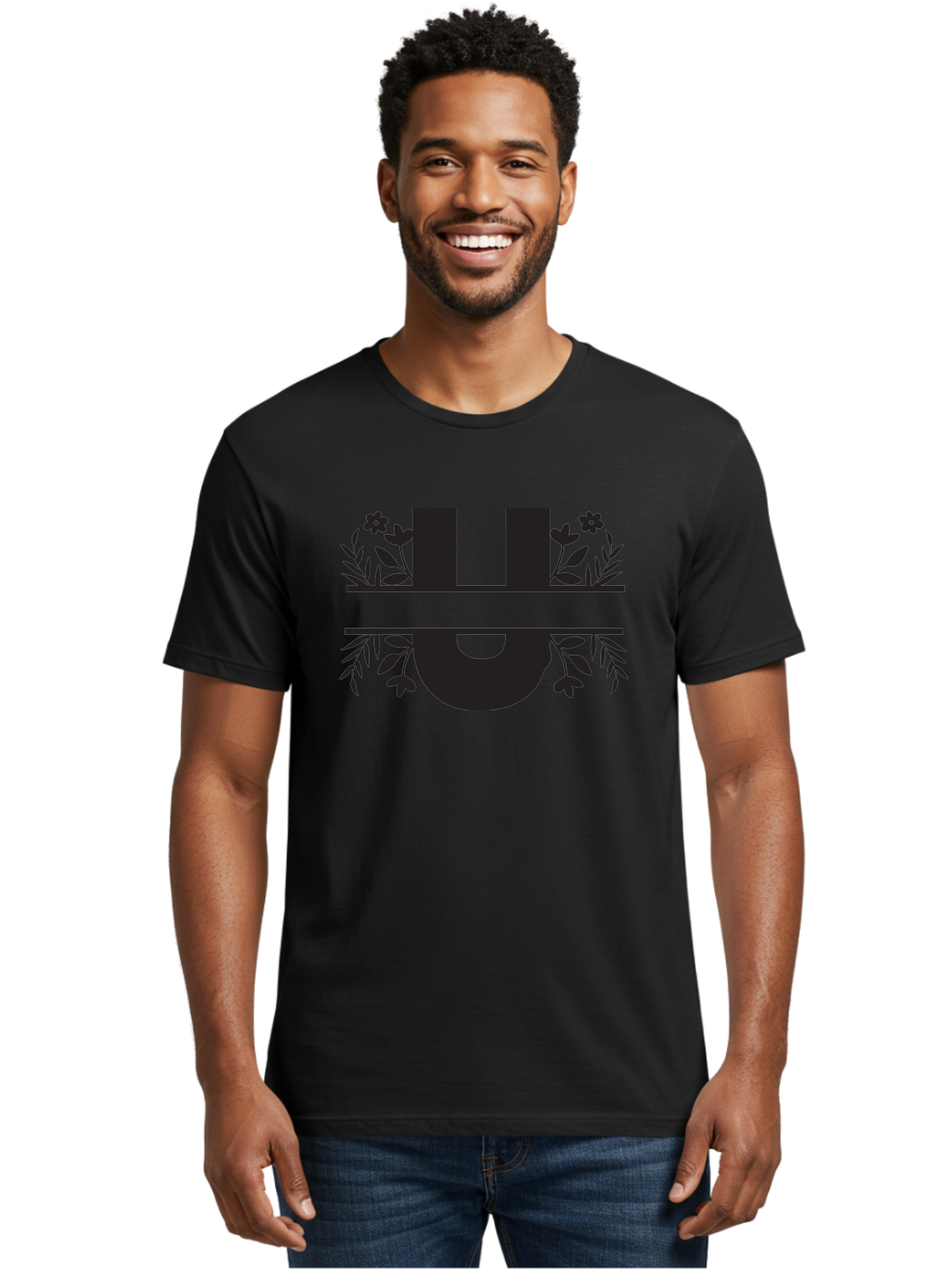 U-1 Men'S Graphic Tee, 100% Cotton, Comfortable Casual Summer Wear, Machine Washable, Floral Logo, Stylized Lettering, Black Silhouette, Leafy Vines, Floral Motifs, Elegant Design, Modern Aesthetic Aad276