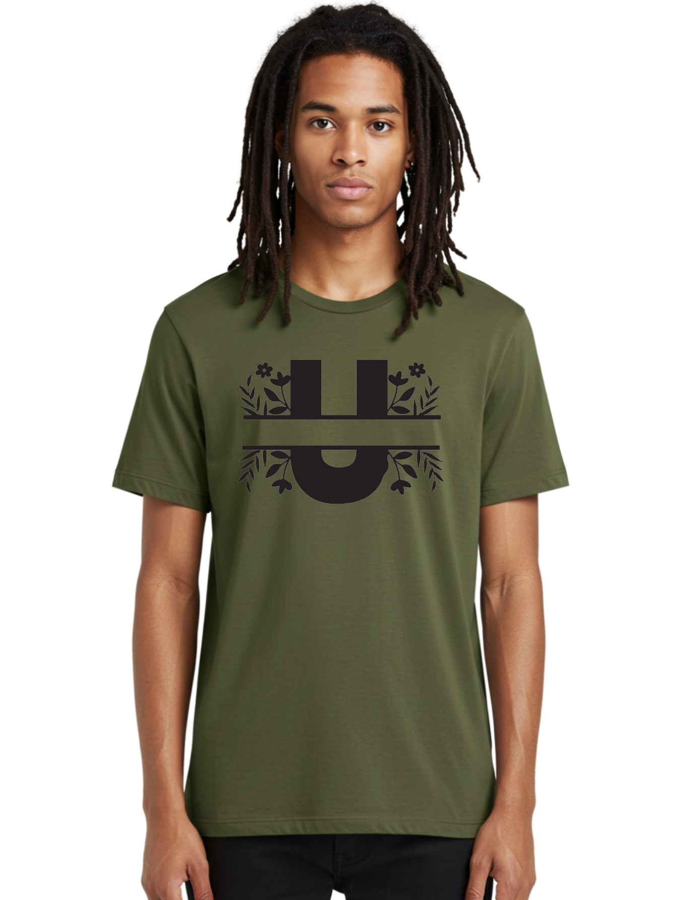 U-1 Men'S Graphic Tee, 100% Cotton, Comfortable Casual Summer Wear, Machine Washable, Floral Logo, Stylized Lettering, Black Silhouette, Leafy Vines, Floral Motifs, Elegant Design, Modern Aesthetic Aad276