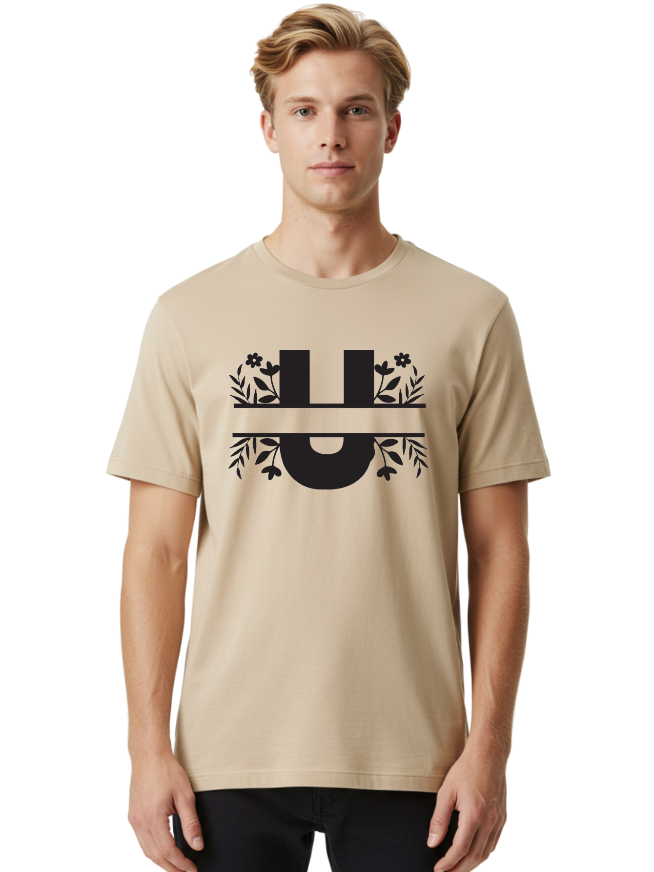 U-1 Men'S Graphic Tee, 100% Cotton, Comfortable Casual Summer Wear, Machine Washable, Floral Logo, Stylized Lettering, Black Silhouette, Leafy Vines, Floral Motifs, Elegant Design, Modern Aesthetic Aad276