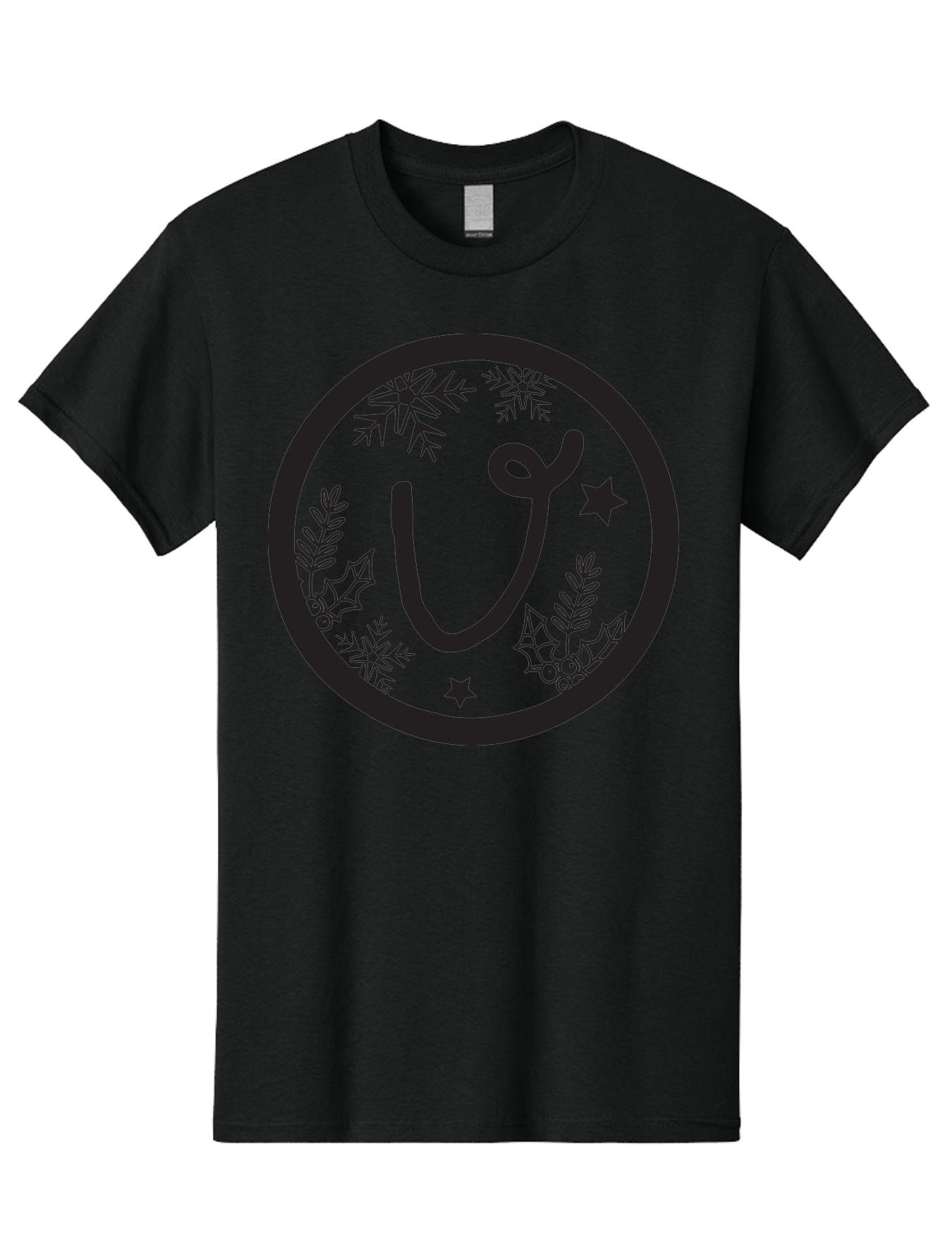 U Men'S Graphic Tee, 100% Cotton, Comfortable Casual Summer Wear, Machine Washable, Christmas Wreath, Holiday Decoration, Festive Design, Snowflakes, Holly Leaves, Stars, Seasonal Symbol, Winter Theme, Celebration, Black And Green, 'U' Letter Aad278