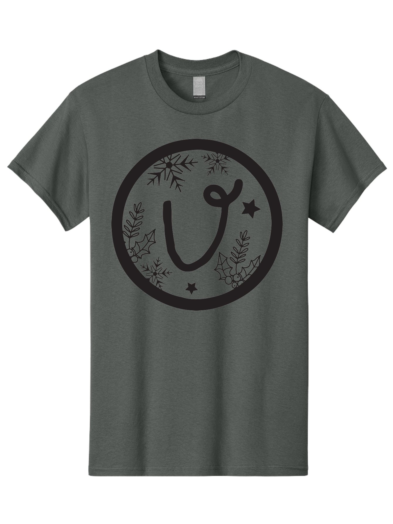 U Men'S Graphic Tee, 100% Cotton, Comfortable Casual Summer Wear, Machine Washable, Christmas Wreath, Holiday Decoration, Festive Design, Snowflakes, Holly Leaves, Stars, Seasonal Symbol, Winter Theme, Celebration, Black And Green, 'U' Letter Aad278