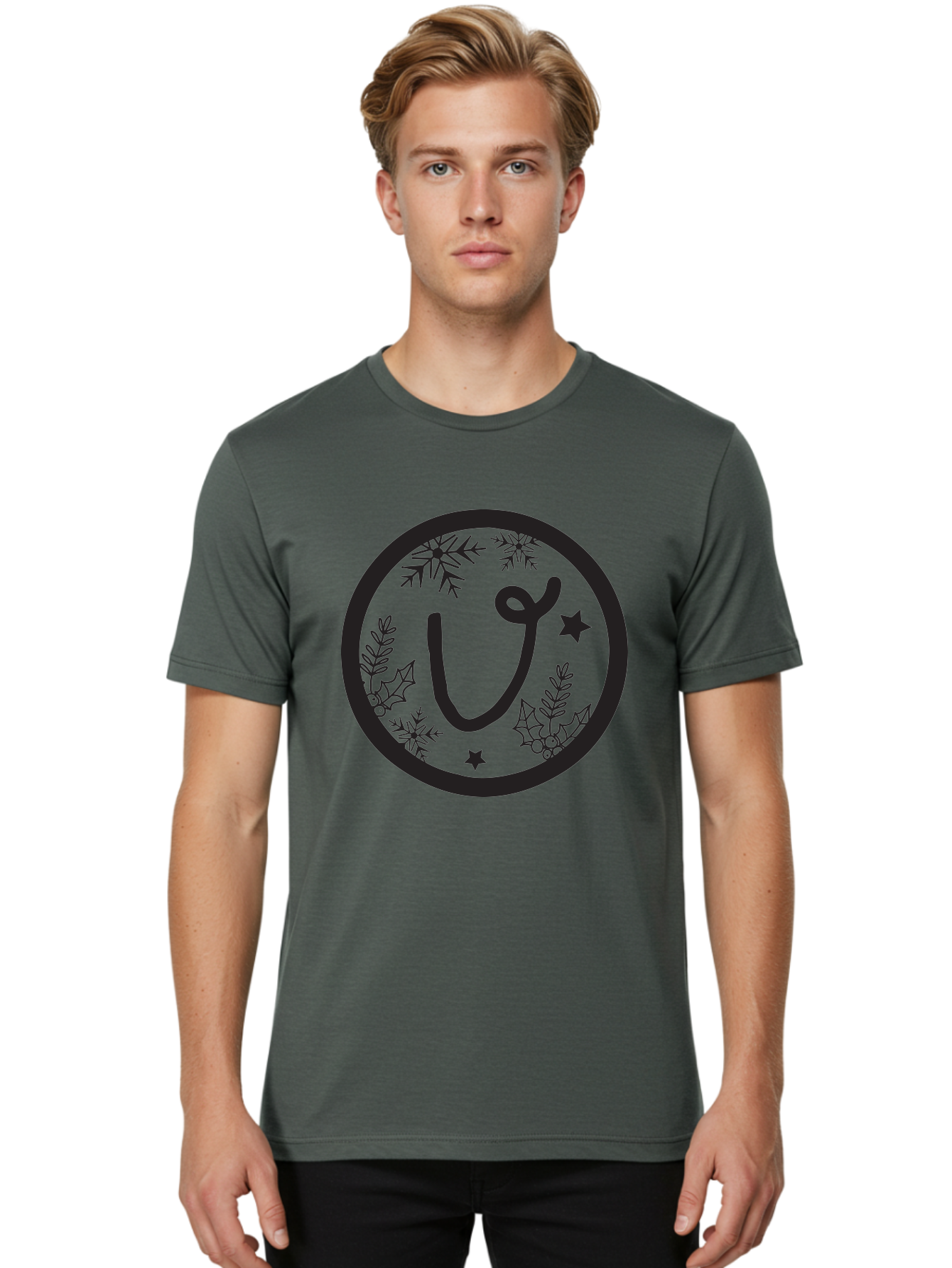 U Men'S Graphic Tee, 100% Cotton, Comfortable Casual Summer Wear, Machine Washable, Christmas Wreath, Holiday Decoration, Festive Design, Snowflakes, Holly Leaves, Stars, Seasonal Symbol, Winter Theme, Celebration, Black And Green, 'U' Letter Aad278
