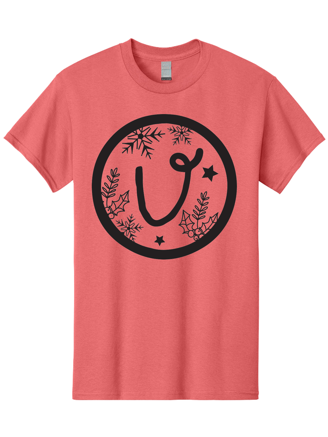 U Men'S Graphic Tee, 100% Cotton, Comfortable Casual Summer Wear, Machine Washable, Christmas Wreath, Holiday Decoration, Festive Design, Snowflakes, Holly Leaves, Stars, Seasonal Symbol, Winter Theme, Celebration, Black And Green, 'U' Letter Aad278