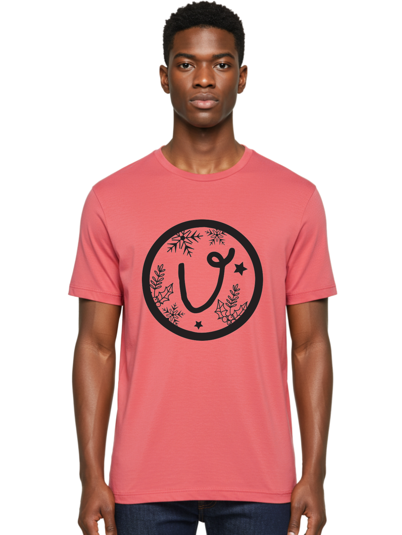 U Men'S Graphic Tee, 100% Cotton, Comfortable Casual Summer Wear, Machine Washable, Christmas Wreath, Holiday Decoration, Festive Design, Snowflakes, Holly Leaves, Stars, Seasonal Symbol, Winter Theme, Celebration, Black And Green, 'U' Letter Aad278