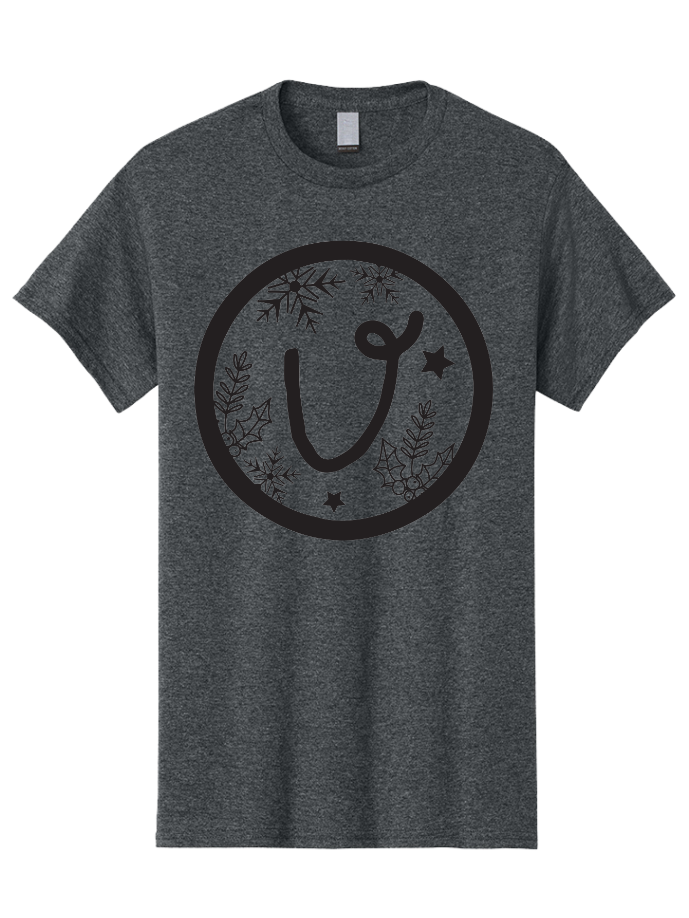 U Men'S Graphic Tee, 100% Cotton, Comfortable Casual Summer Wear, Machine Washable, Christmas Wreath, Holiday Decoration, Festive Design, Snowflakes, Holly Leaves, Stars, Seasonal Symbol, Winter Theme, Celebration, Black And Green, 'U' Letter Aad278